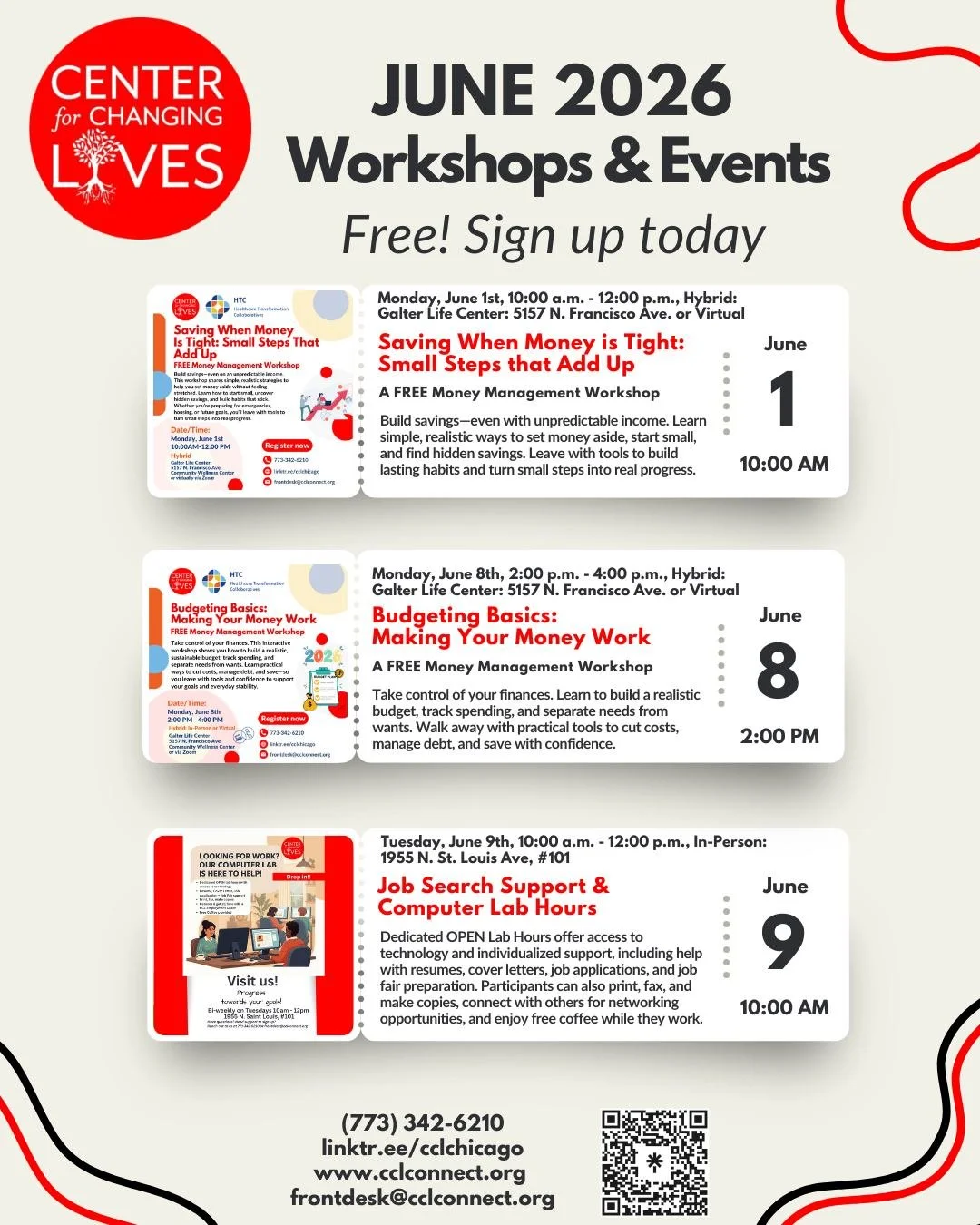 🏃⚡ June is Jumping at CCL! ⚡🏃
Summer is here, jump into fresh goals, new opportunities, and powerful ways to connect, transform, and thrive.

Check out our June calendar and sign up for one or all! 💪🎉
💰 June 1 &mdash; Saving When Money is Tight
