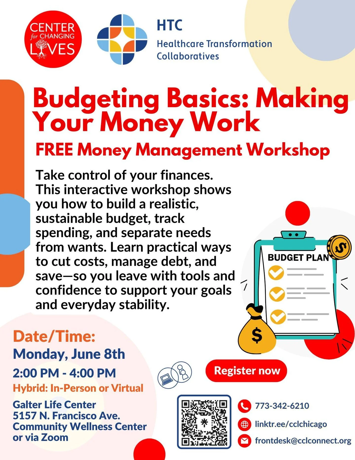 Take control of your finances. 
This interactive workshop shows you how to build a realistic, sustainable budget, track spending, and separate needs from wants. 
Learn practical ways to cut costs, manage debt, and save&mdash;so you leave with tools a