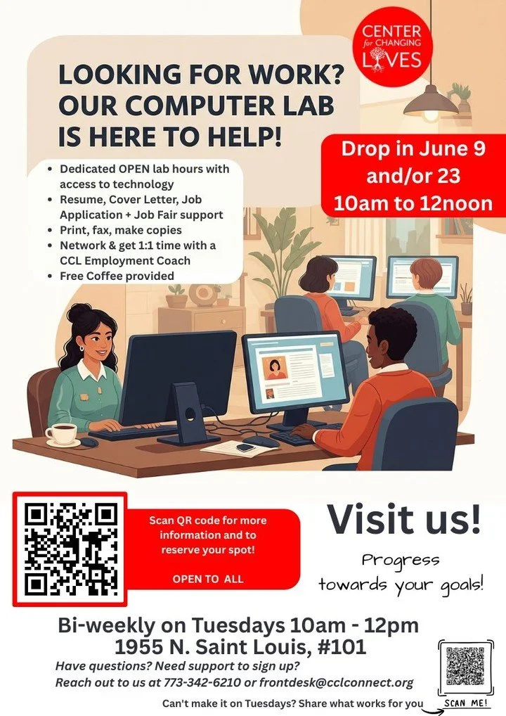 Step into summer knowing you can reach your career goals! ☀️🎯
CCL has free access to a computer lab and employment coaching for you!
Join us for OPEN Lab Hours, happening bi-weekly on Tuesdays from 10:00 AM to 12:00 PM.
📅 June dates: June 9 &amp; J