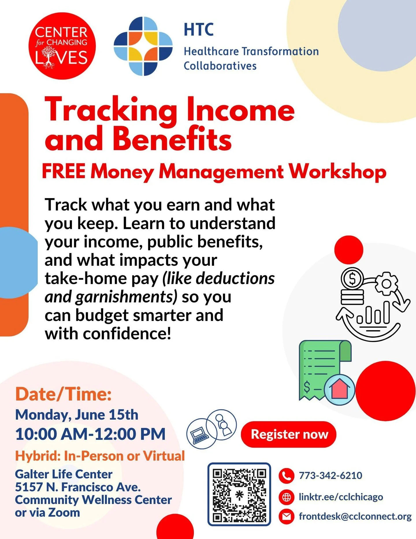 Track what you earn and what you keep. 
Learn to understand your income, public benefits, and what impacts your take-home pay (like deductions and garnishments) so you can budget smarter and with confidence!

📅 Monday, June 15th 
🕒 10AM-12PM
📍 Gal