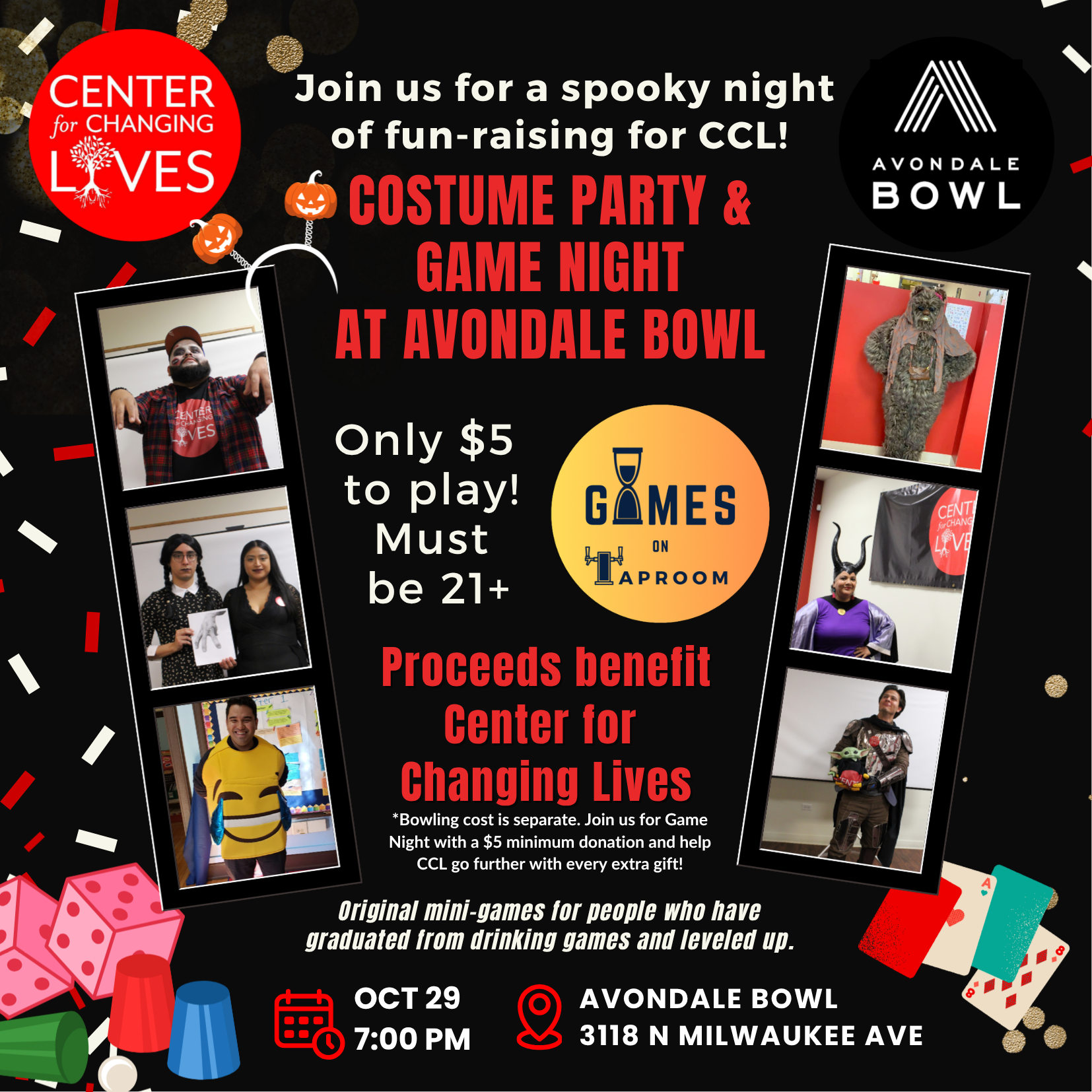 Fiesta de Disfraces y Noche de Juegos en Avondale Bowl con Games on Taproom (Recaudación de Fondos para CCL)