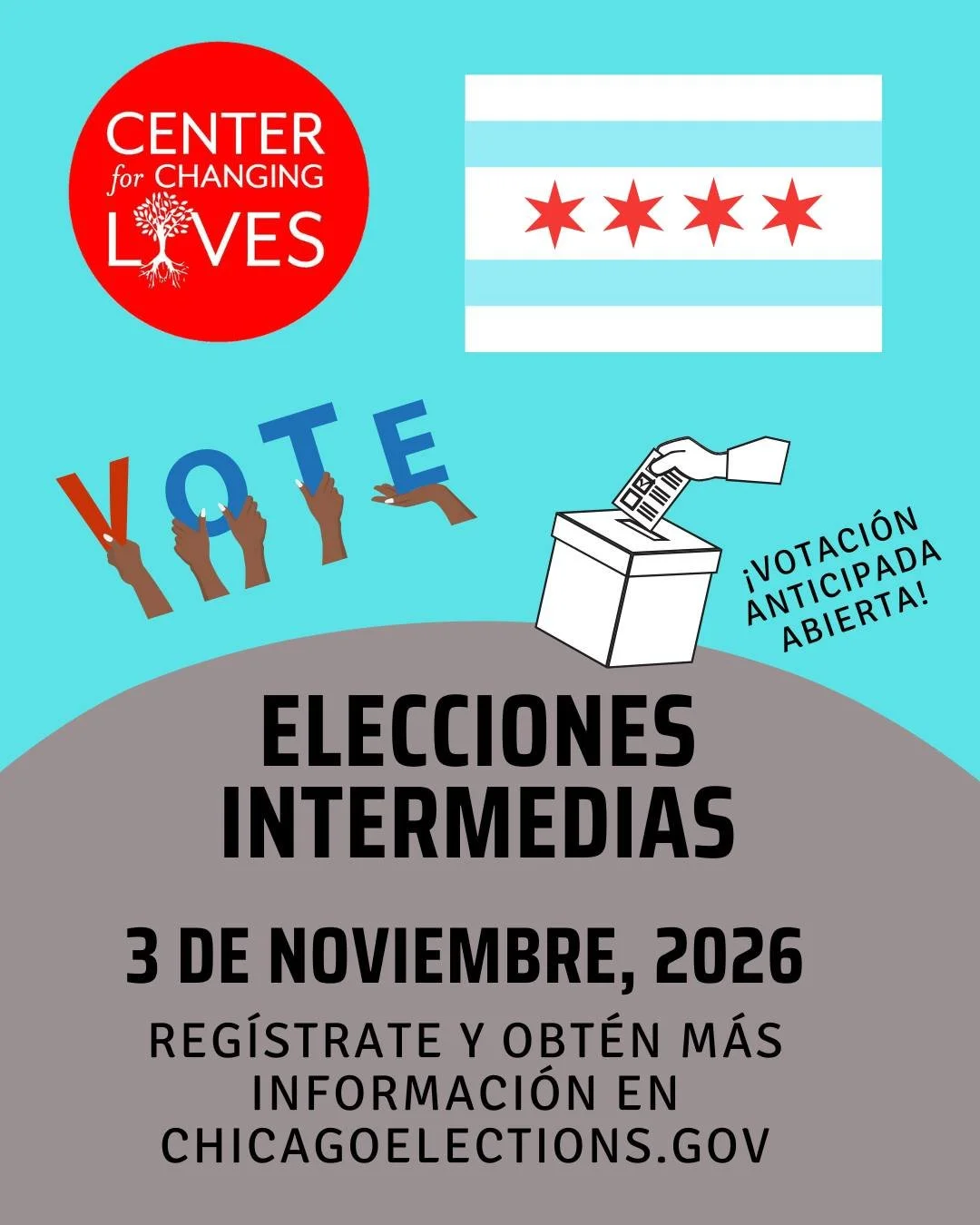🗳️ &iexcl;Tu voz cuenta! ✨

&iexcl;El voto anticipado ya est&aacute; abierto en Chicago!

En Center for Changing Lives, nuestra visi&oacute;n es una comunidad donde todas las personas prosperan. Creemos que cuando los miembros de la comunidad accede