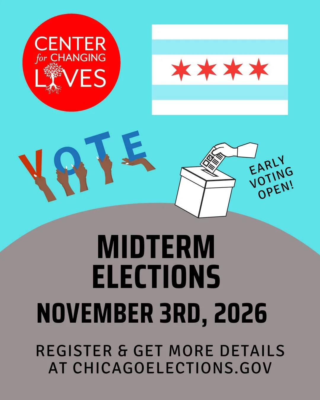 🗳️ Your Voice Matters! ✨

Early voting is OPEN in Chicago!

At Center for Changing Lives, our vision is a community where everyone thrives. We believe that when community members access their Poder (Spanish: power, to be able to), individually and c