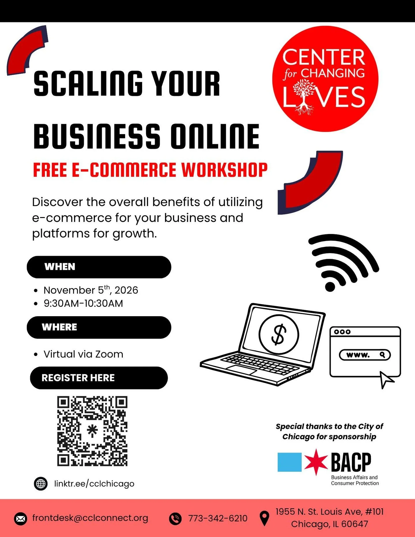 💻📈 Chicago entrepreneurs, let&rsquo;s turn possibilities into growth with e-commerce!

At Center for Changing Lives, we love seeing small businesses thrive. 
Join us for a FREE virtual workshop, Scaling Your Business Online, designed to help local 
