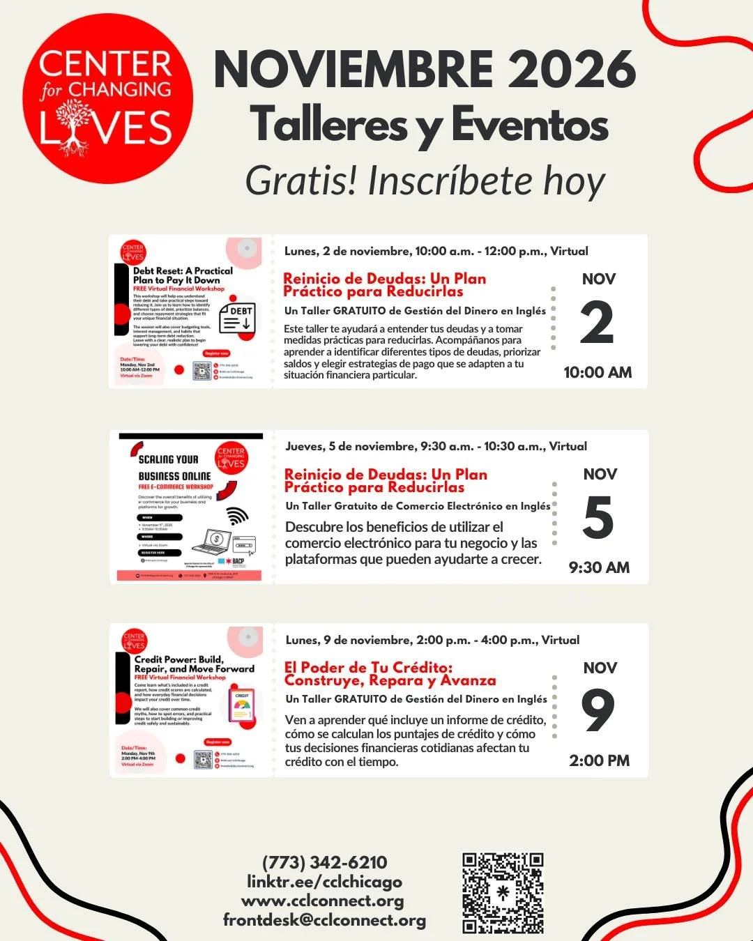 🍂✨ &iexcl;Noviembre es un mes de nuevas posibilidades en CCL! ✨🍂

Un nuevo mes para conectar, cultivar habilidades, crear oportunidades y celebrar tu crecimiento. 🌱

&iexcl;Consulta nuestro calendario de noviembre e inscr&iacute;bete en una o en t