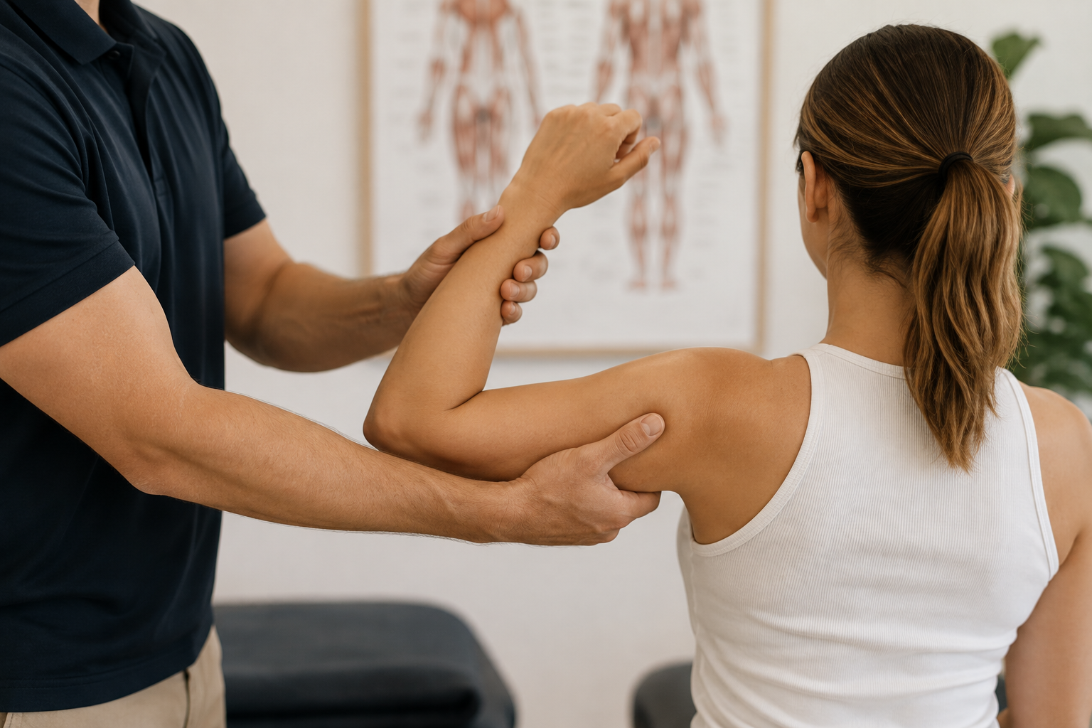 Osteopath assessing shoulder movement during a musculoskeletal assessment