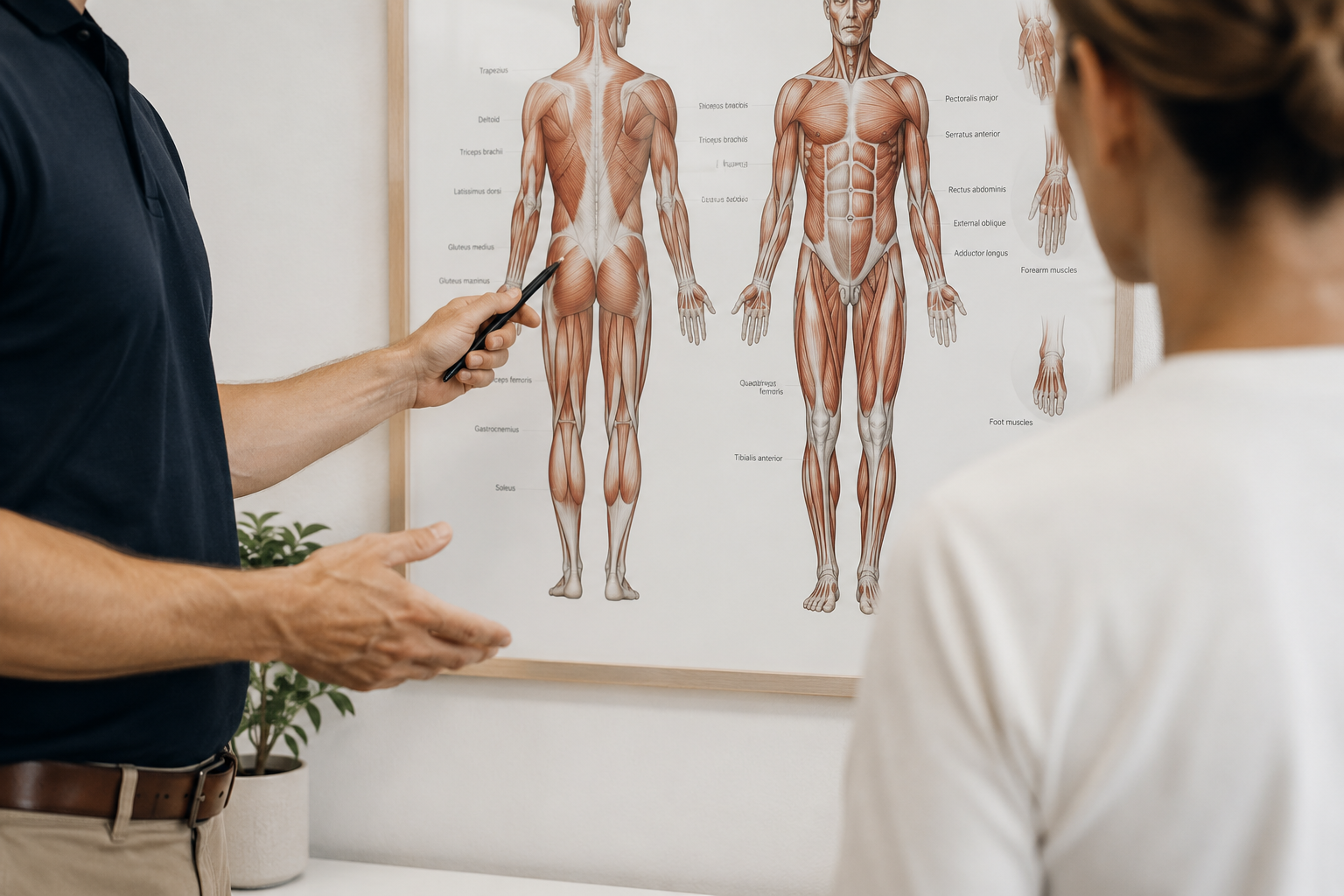 Osteopath explaining musculoskeletal anatomy to a patient during an assessment