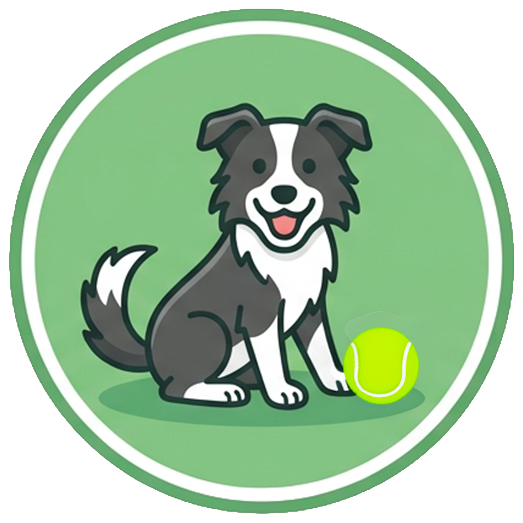 Illustration of a happy dog with black, gray, and white fur sitting next to a bright yellow tennis ball on a green background surrounded by a circular green border.