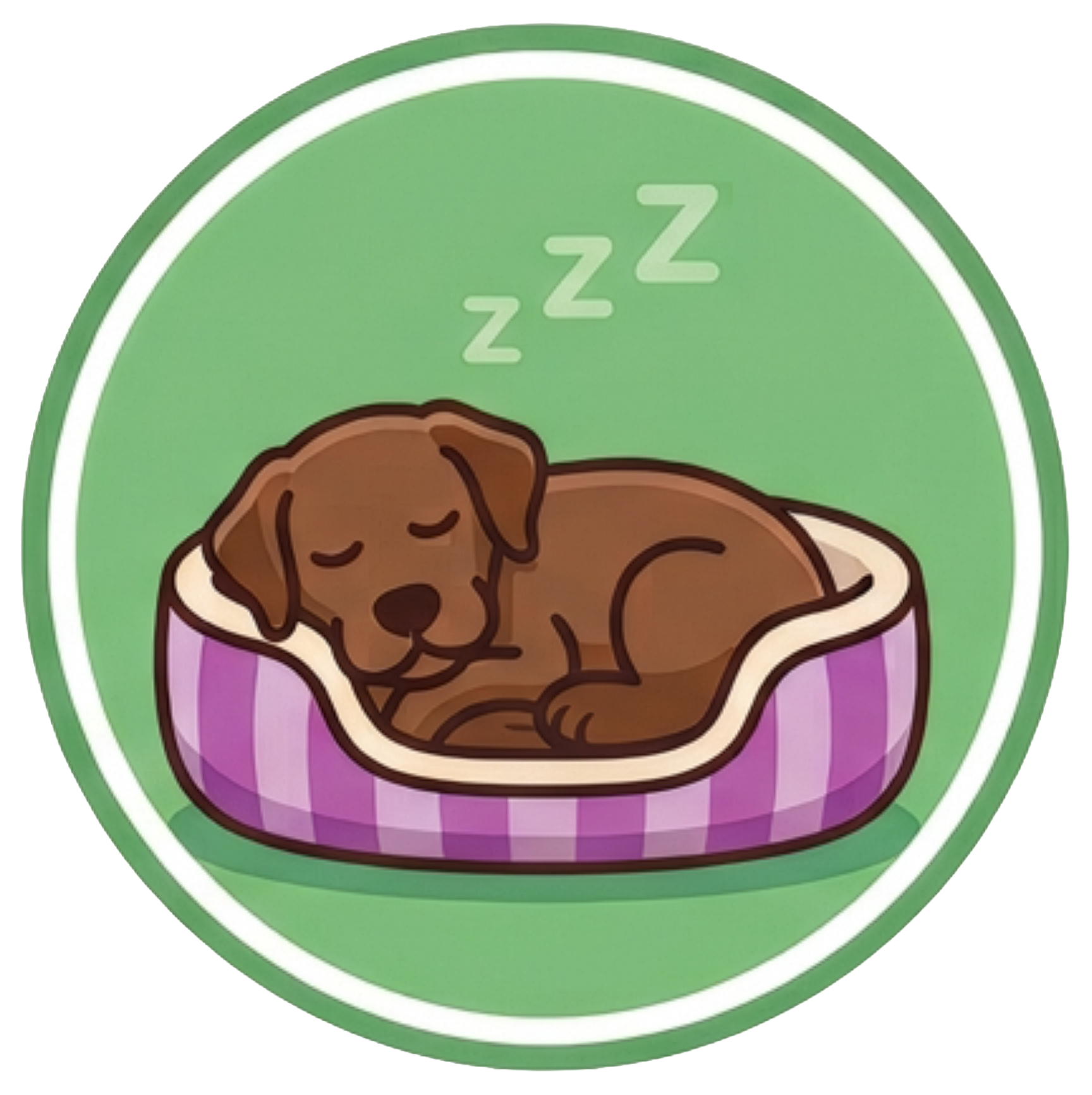 Illustration of a sleeping brown puppy resting inside a purple and pink checkered pet bed, with a green circular background and three small 'Z' symbols indicating sleep.