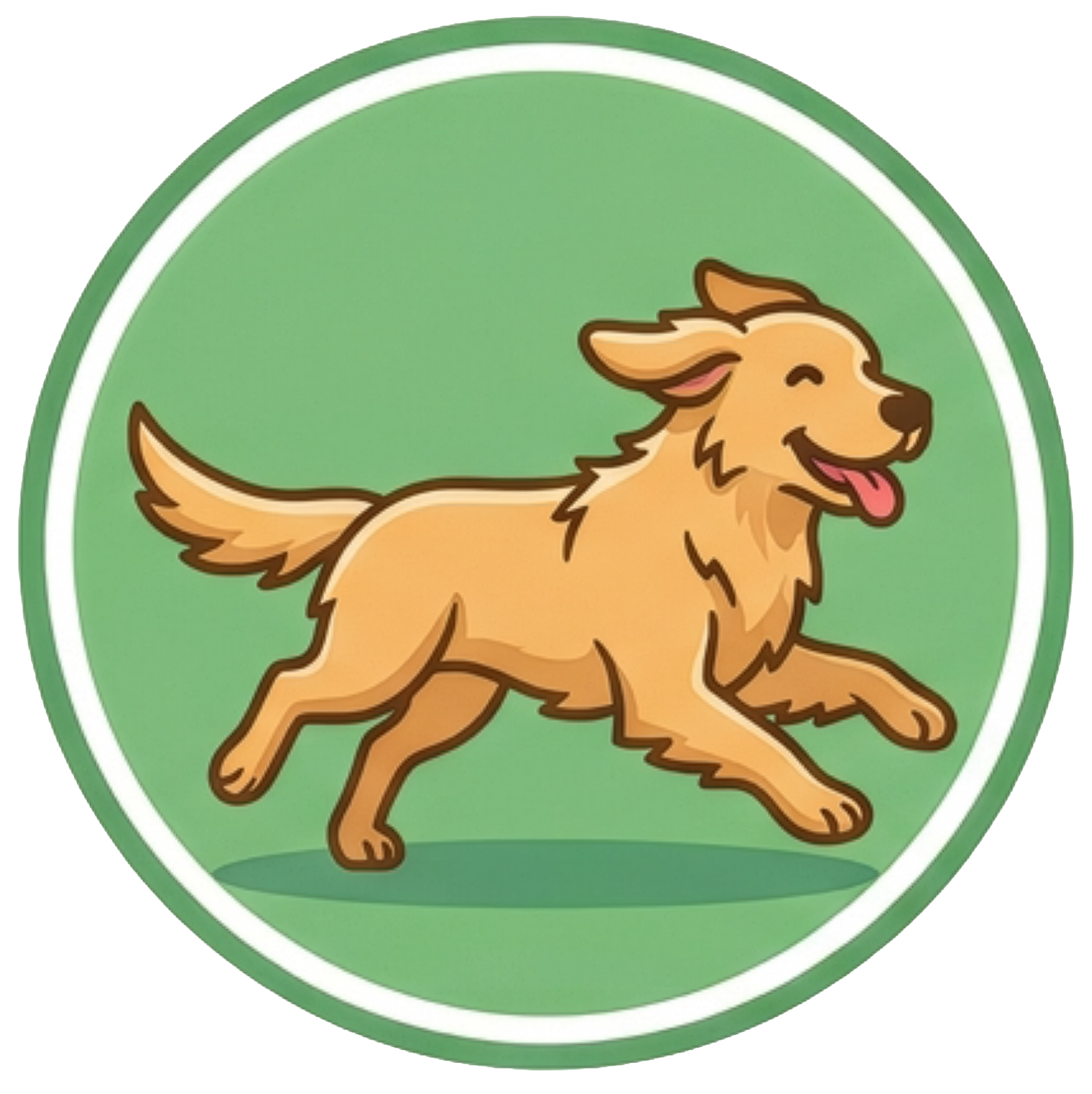 Illustration of a happy golden retriever dog running on a green background, inside a circular badge with a white border.