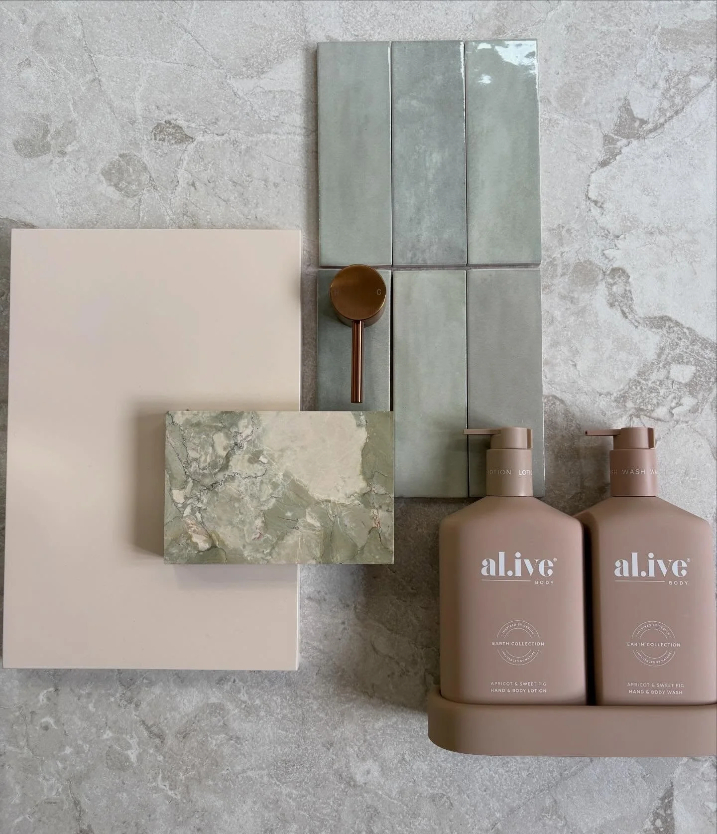 A tranquil, spa-like palette coming together for our latest bathroom renovation ✨

Soft sage tiles, layered stone and warm brushed copper accents create a calm, elevated feel.

Stay tuned for the final reveal.

#twowildflowersinteriordesign #bathroom