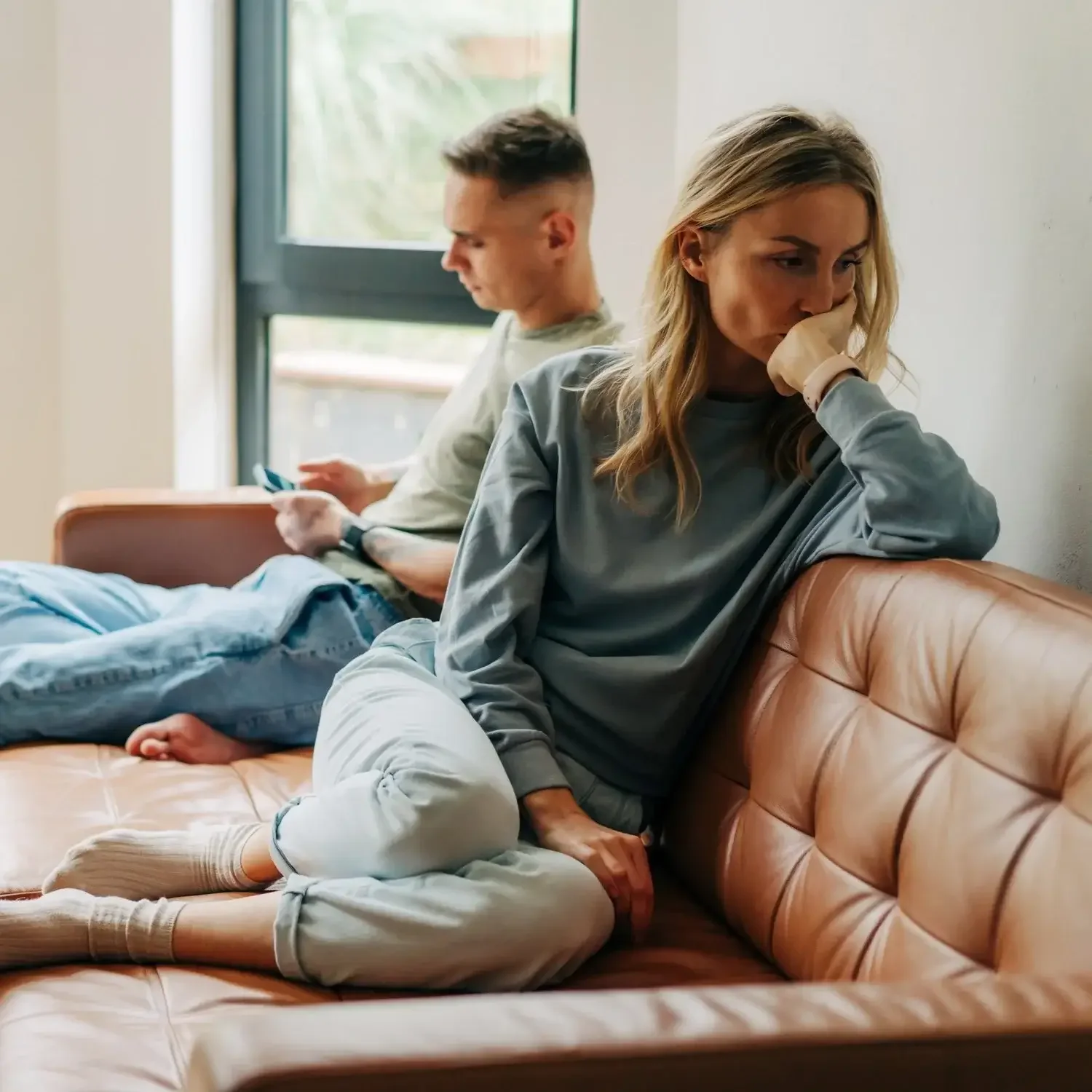 Wife thinking about her husband sex addiction and betrayal