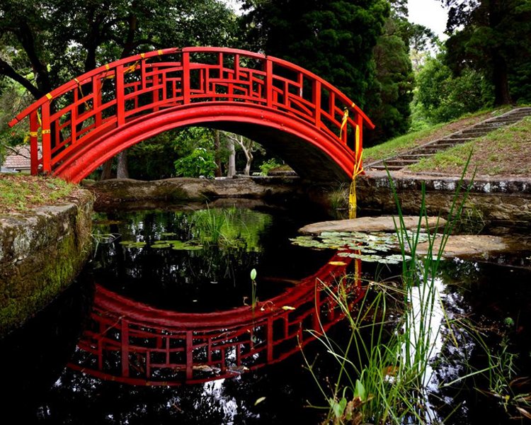 Japanese wooden bridge in the grounds of Broughton Hall