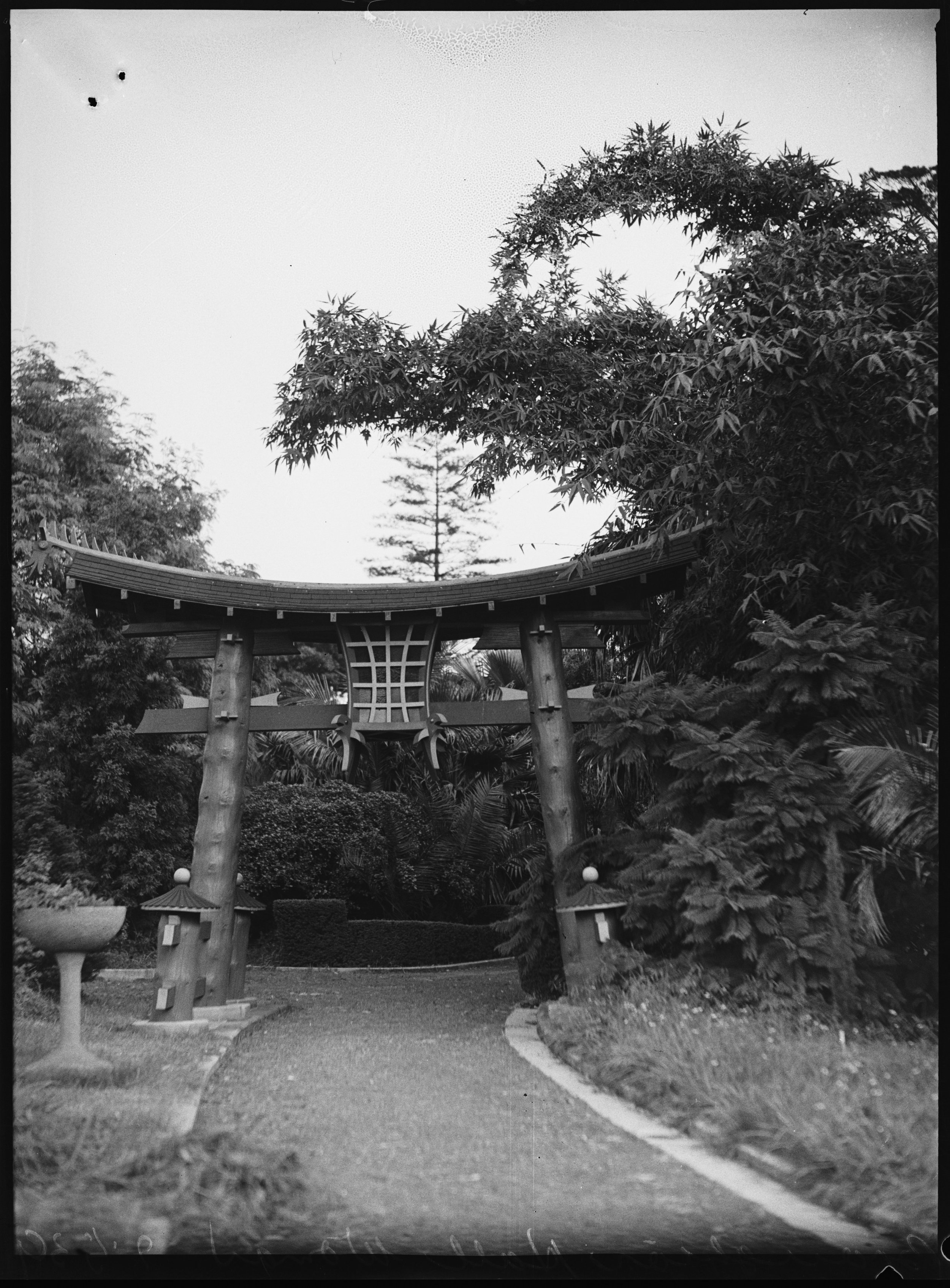 Japanese Torii-style gate in Broughton Hall gardens