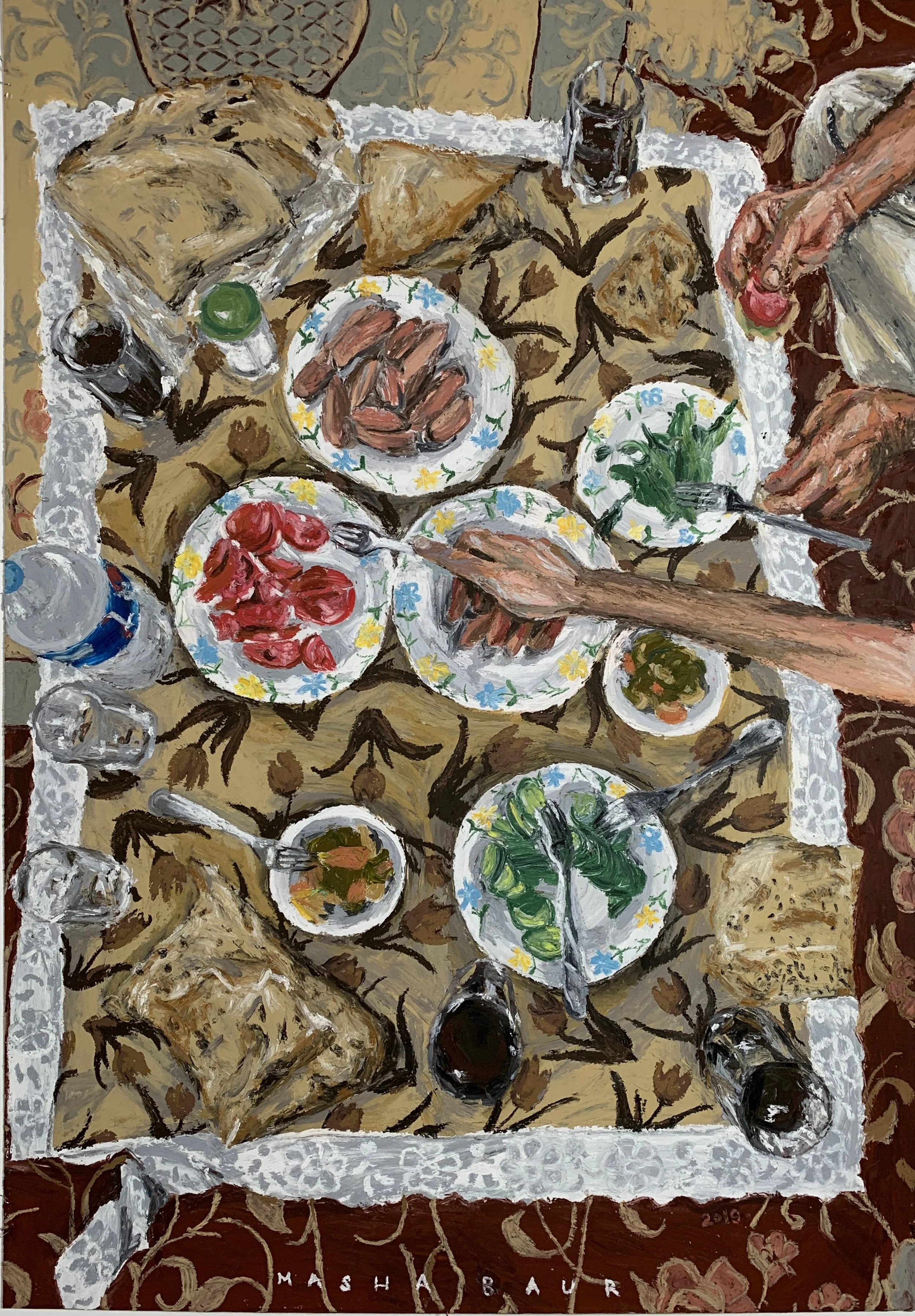 Persian Lunch, oil pastels on board, 70x100 cm, 2019