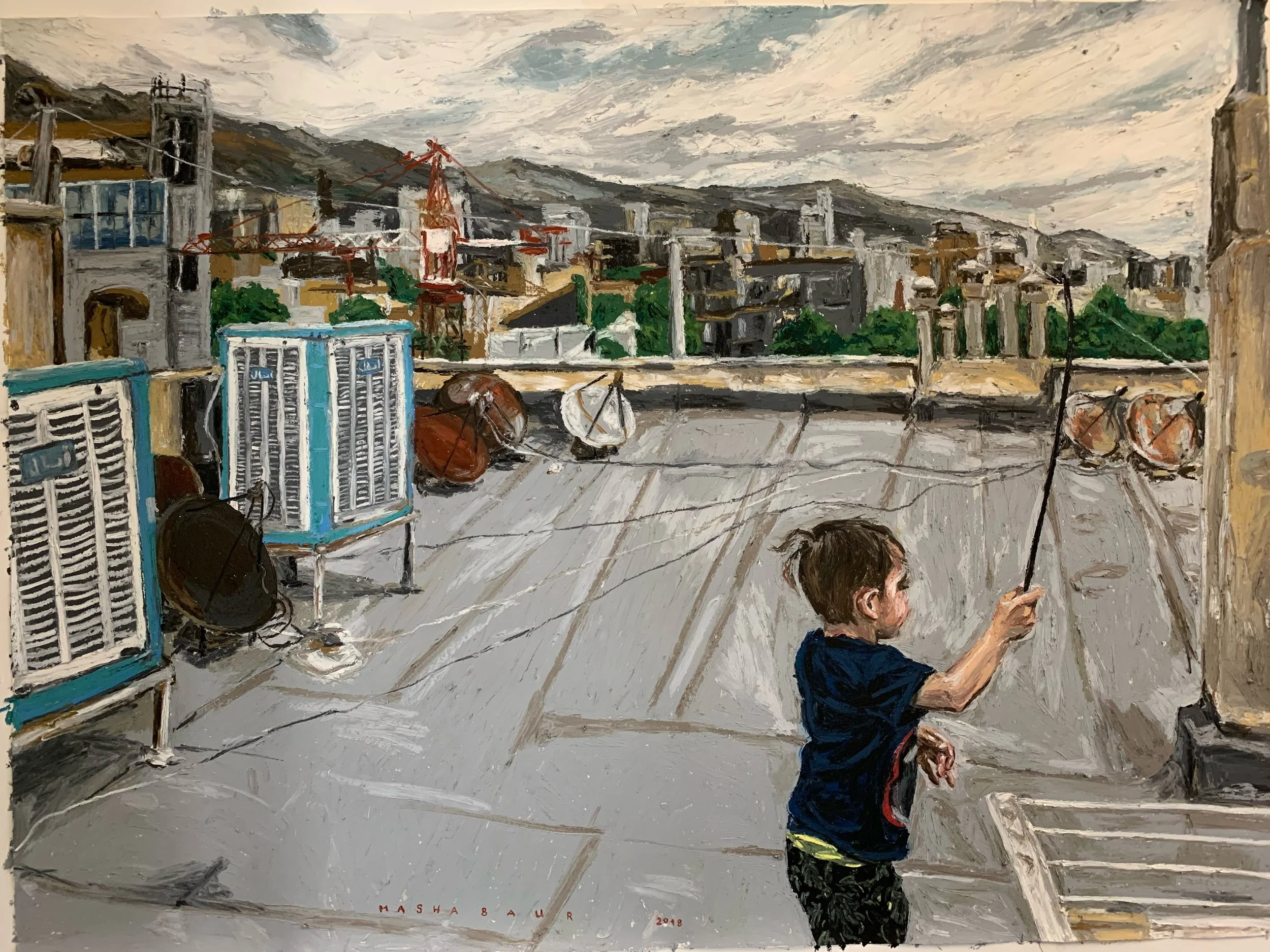 Conductor on a Rooftop, oil pastels on paper, 150x112 cm, 2018