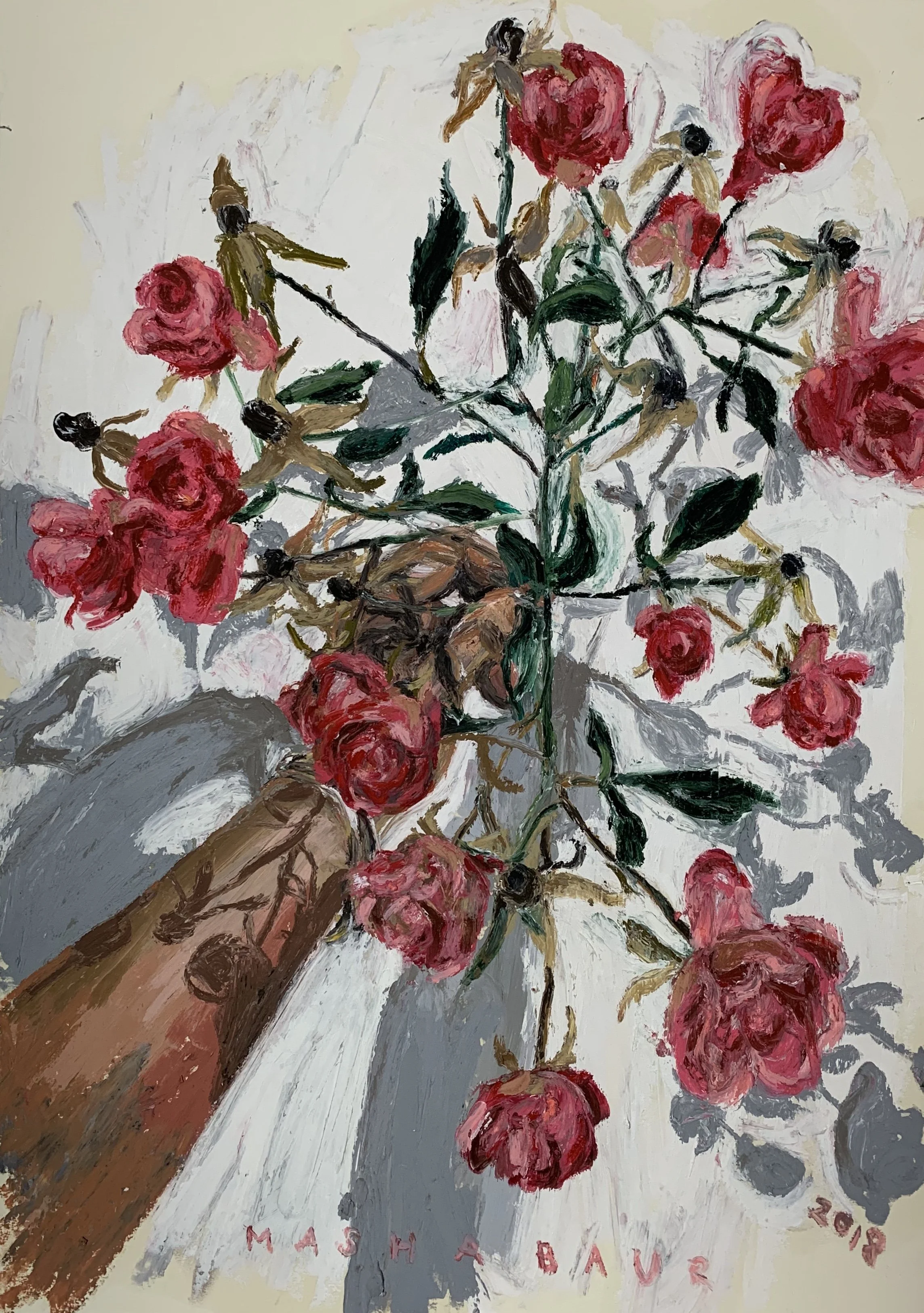 Roses, oil pastels on paper, 50x70 cm, 2018
