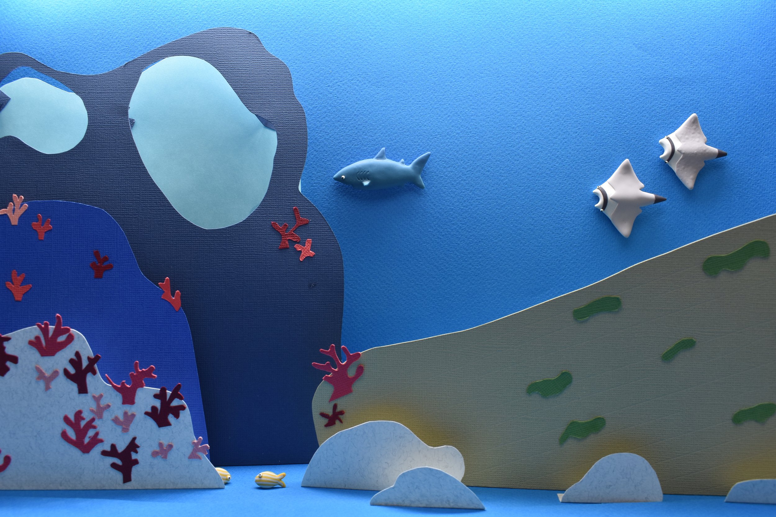 Blue shark and devil fish swim across the sea. In the bottom of the ocean a few goldline fish peek around.