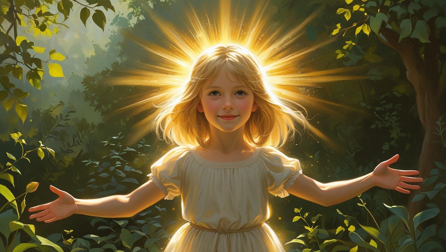 golden child with blond hair to shoulders, innocence. Radiates golden light and aura of gold and white around her in a verdand garden background. Arms open to welcome you.jpeg