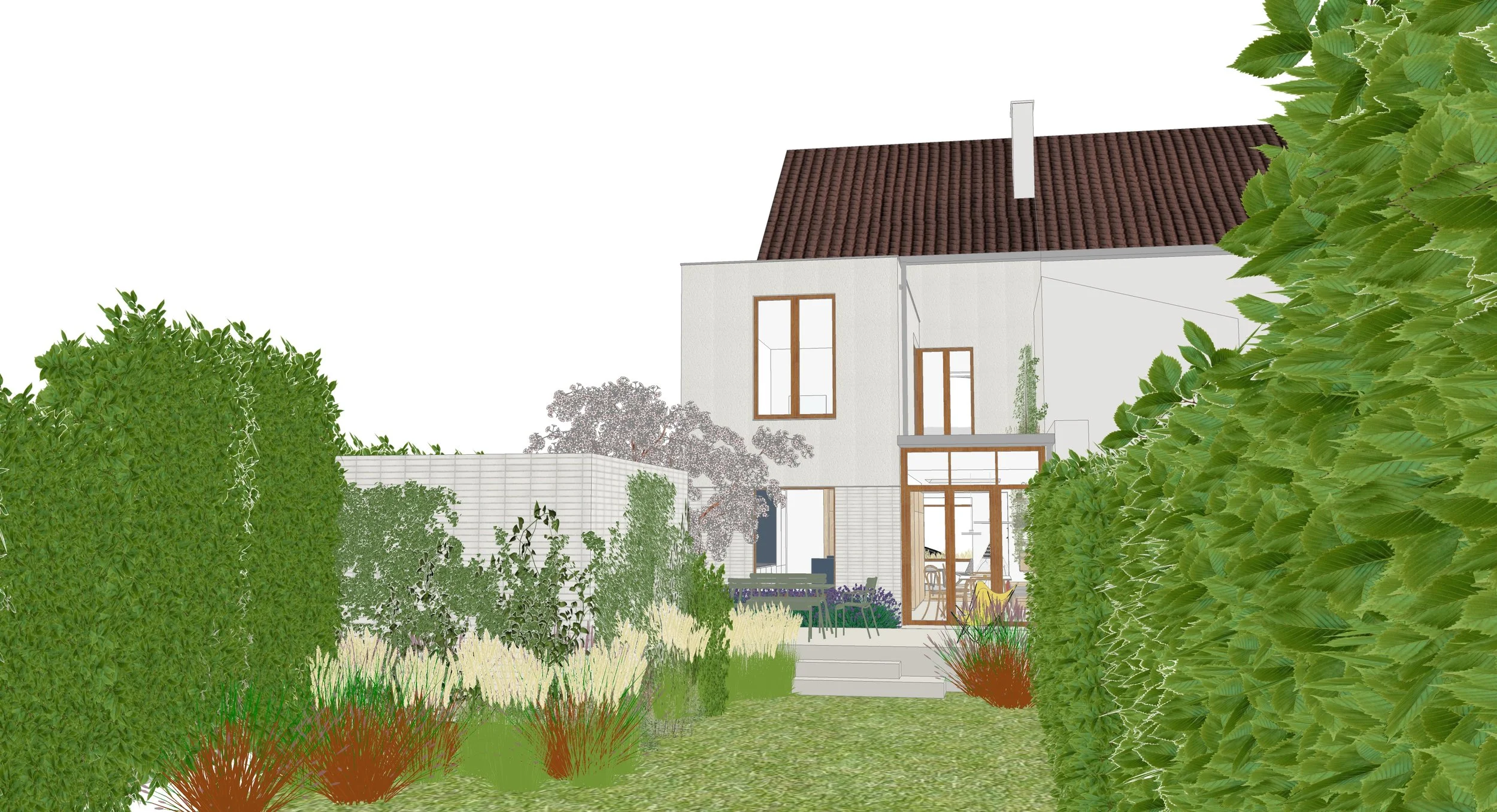 Illustration d'une maison moderne avec un jardin, entourée de haies vertes et de plantes ornementales.