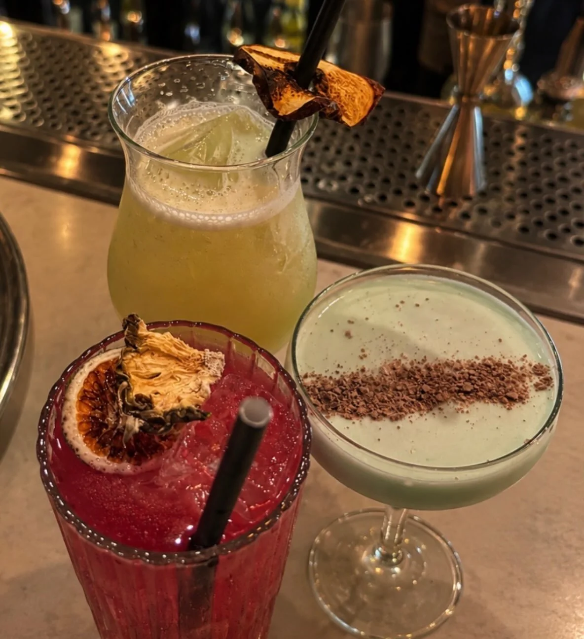 Three cocktails, three different moods &mdash; and honestly, we&rsquo;re obsessed. ✨🍸

👑💚 Princess Fiona &mdash; sweet, tropical and a little bit sassy.
🌿🤍 Grasshopper &mdash; creamy, minty and decadently smooth.
🌅❤️ Tequila Sunrise &mdash; bri