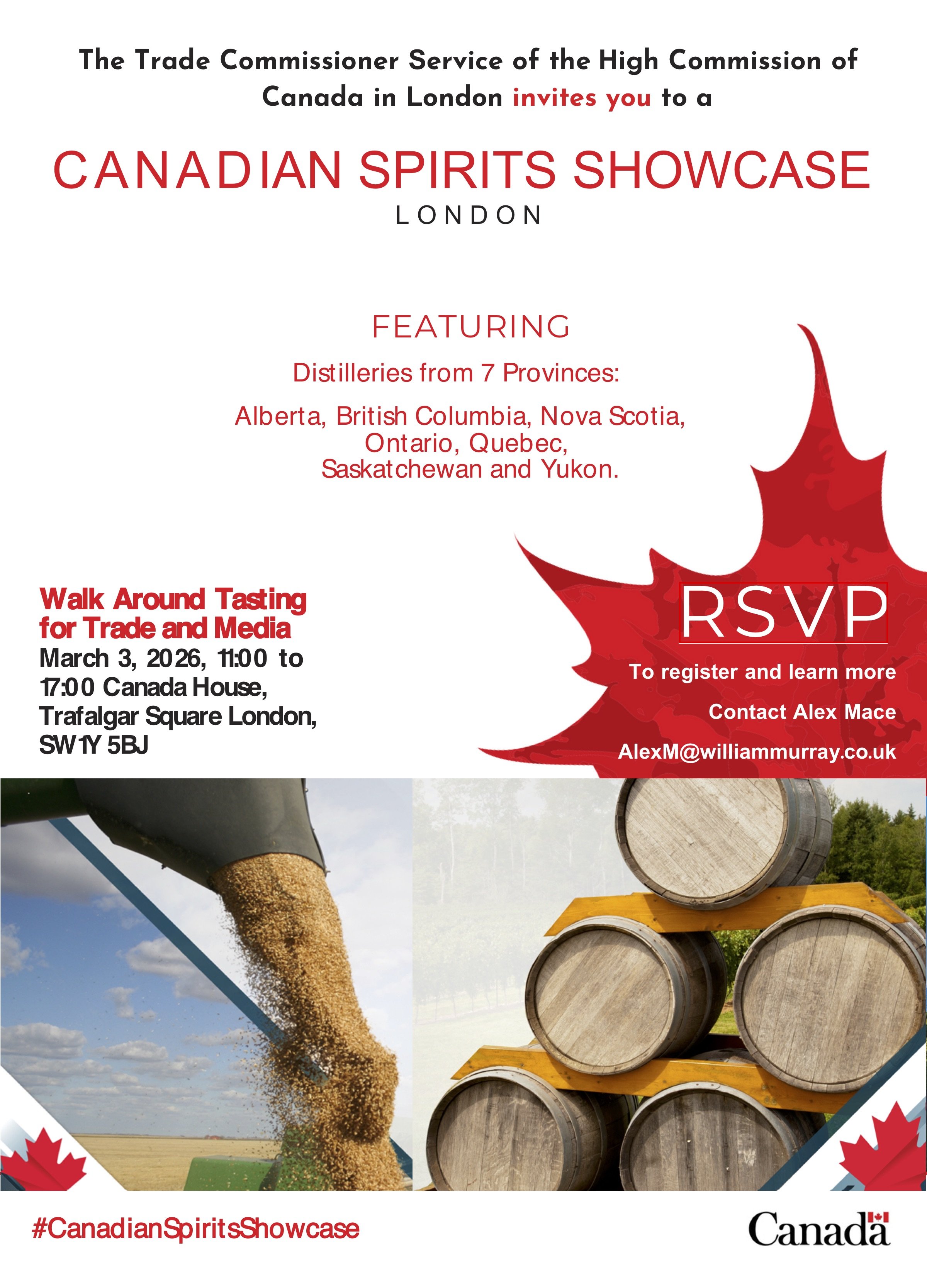 Flyer for Canadian Spirits Showcase. Trade Only. 3rd of March 2026 at Canada House, London. To register email AlexM@williammurray.co.uk
