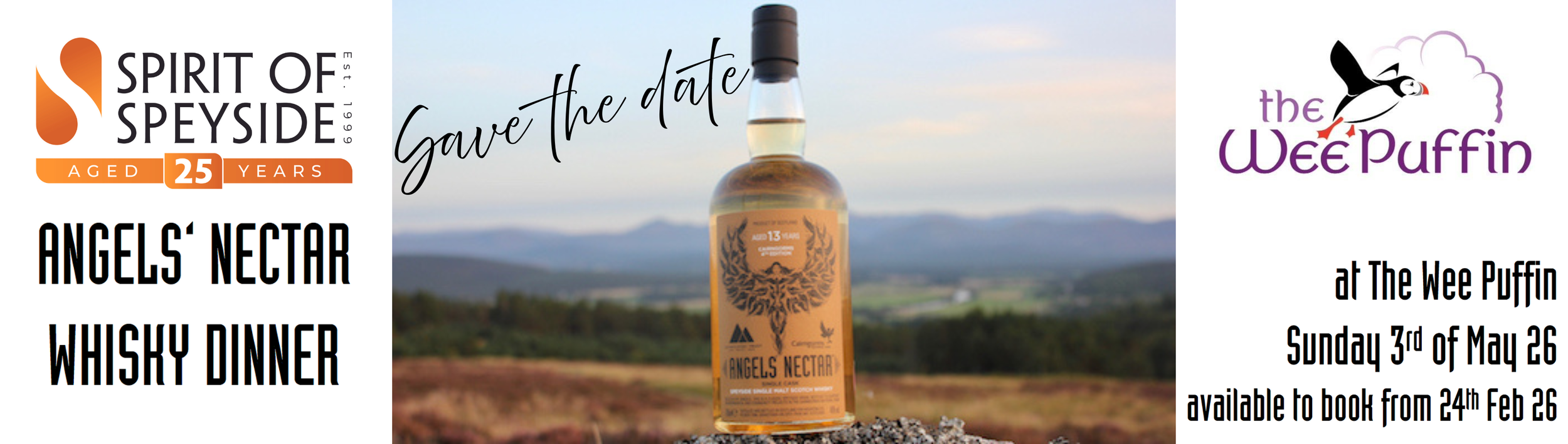 Save the date: Spirit of Speyside Angels' Nectar Whisky Dinner at the Wee Puffin, Sunday 3rd of May 2026, available to book from 24th Feb 26