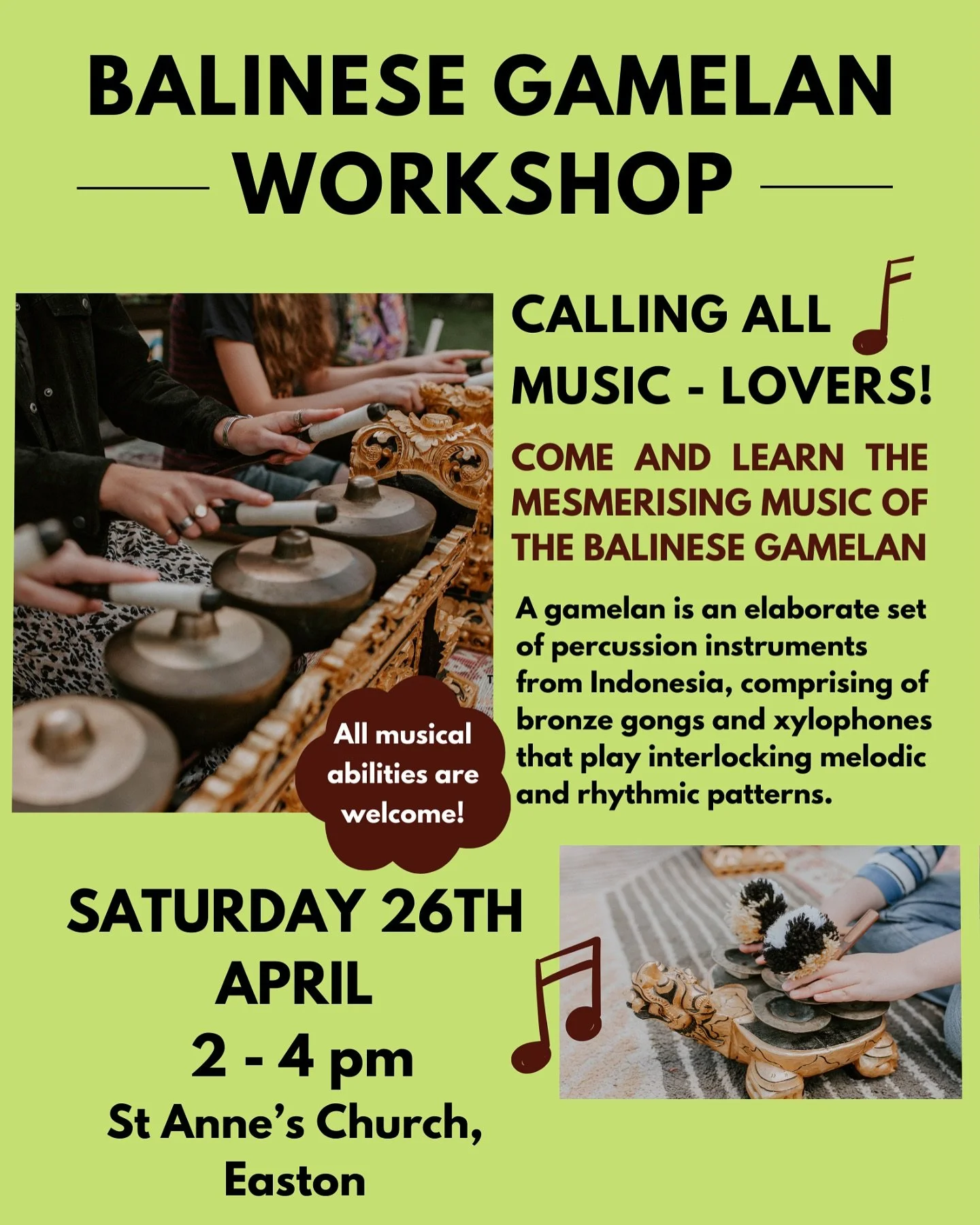 Following on from the success of the previous workshop here are the details for the next one! 🤗

Saturday 26th April @ 2-4pm at St Anne&rsquo;s Church Easton ⛪️ (link to book in BiO)

We&rsquo;ll be learning a different piece so feel free to come ag