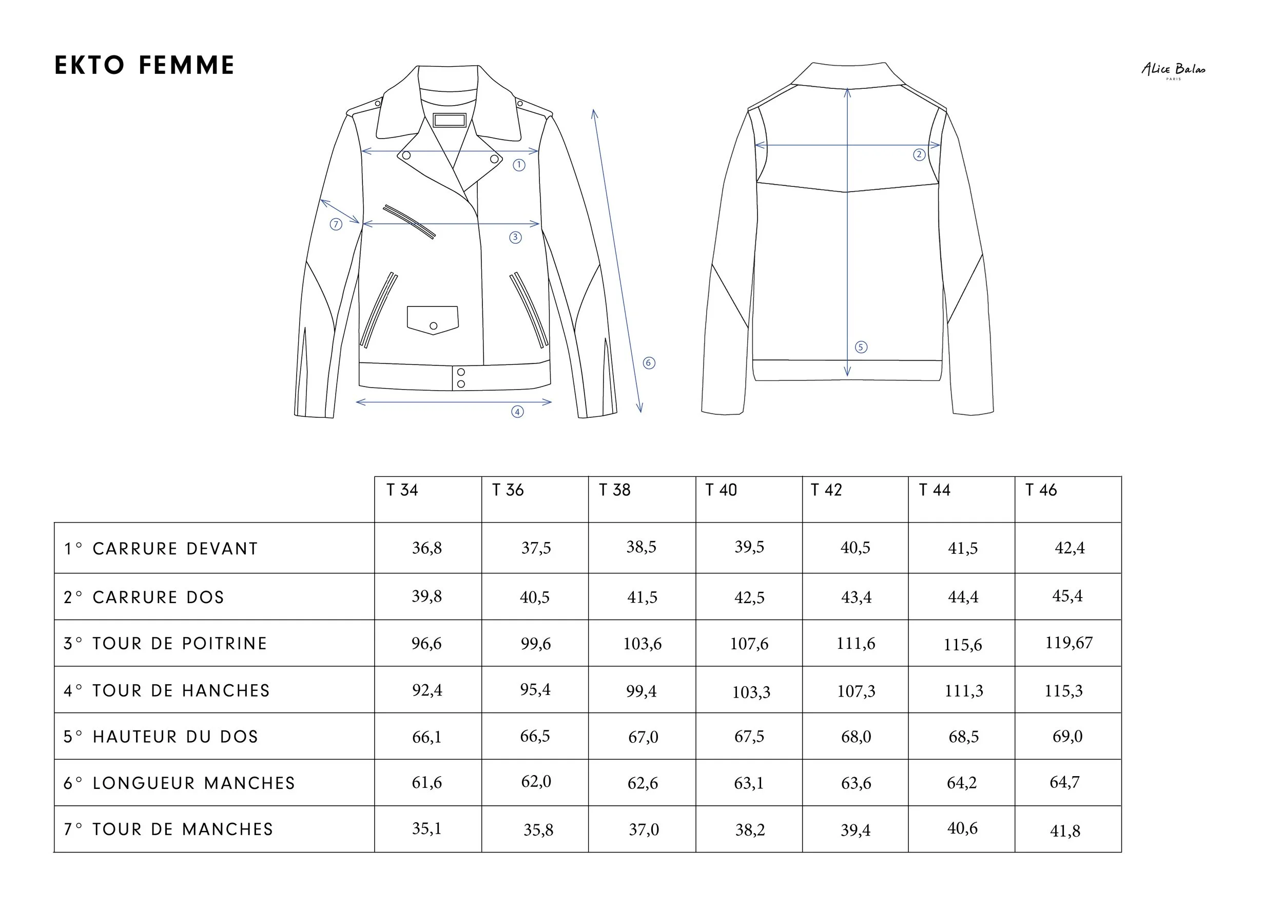 Guide de tailles EKTO FEMME Alice Balas Paris créateur de vestes et blousons en cuir sur mesure pièce unique luxury custom leather jacket made in France