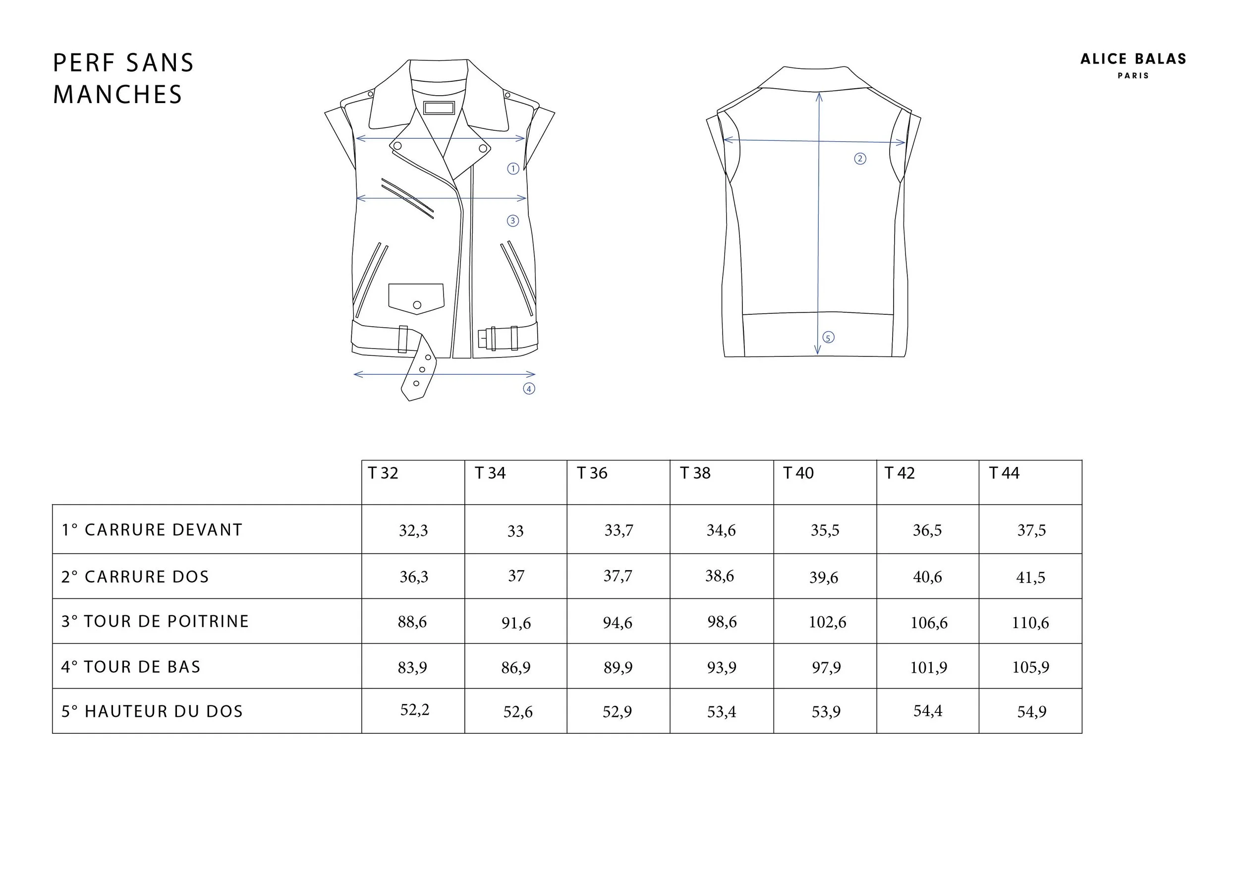 Guide de tailles PERF Sans Manches Alice Balas Paris créateur de vestes et blousons en cuir sur mesure pièce unique luxury custom leather jacket made in France