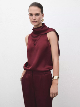 Mango Brick Scarf Detail Satin Top, Rust/Copper