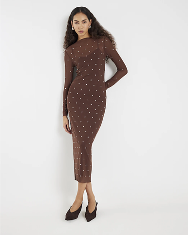 Brown Mesh Long Sleeve Studded Midi Dress