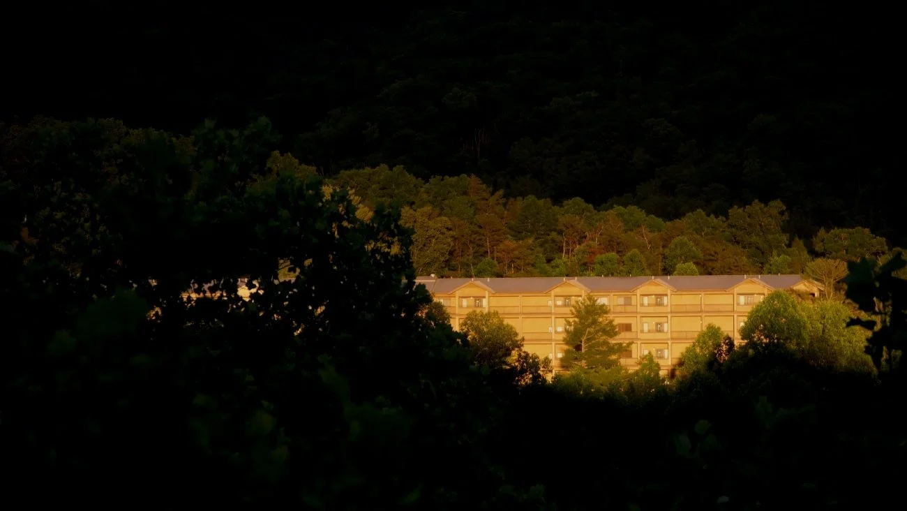 A hotel lit behind a silhouette of trees.