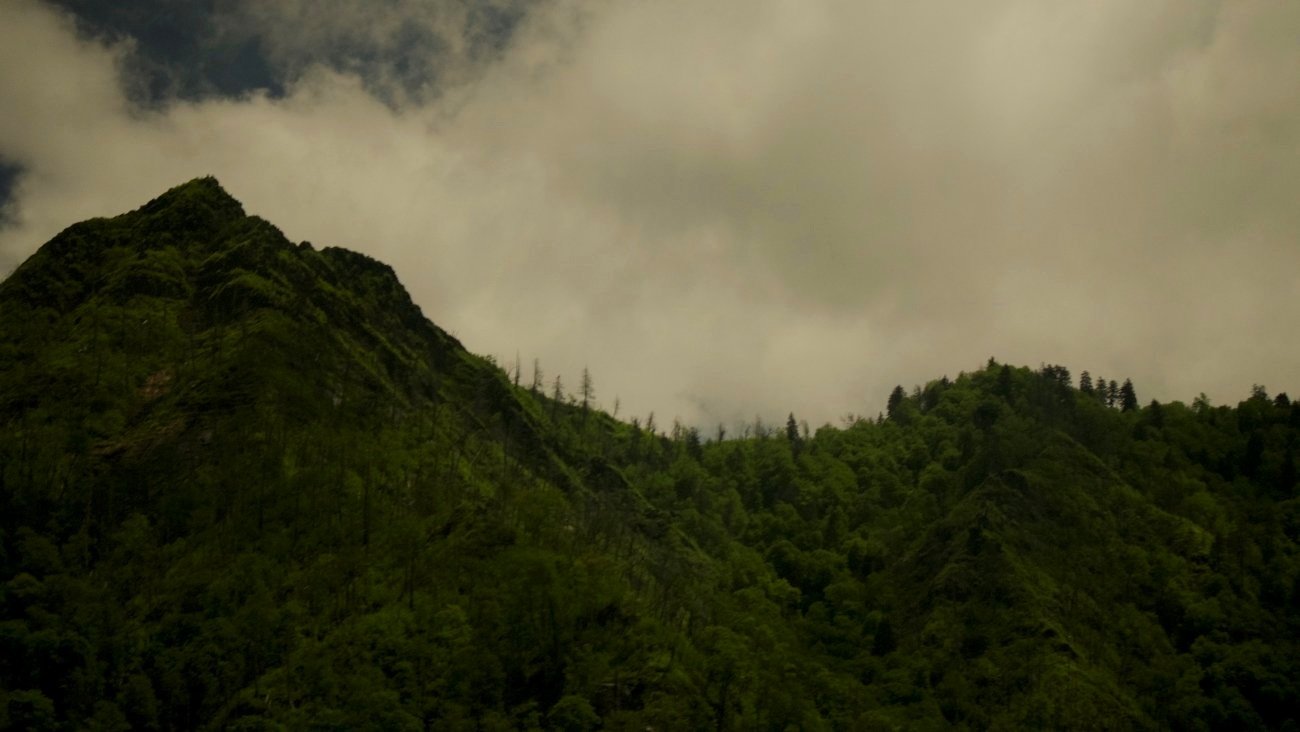 Dark green mountains under a cloud sky.