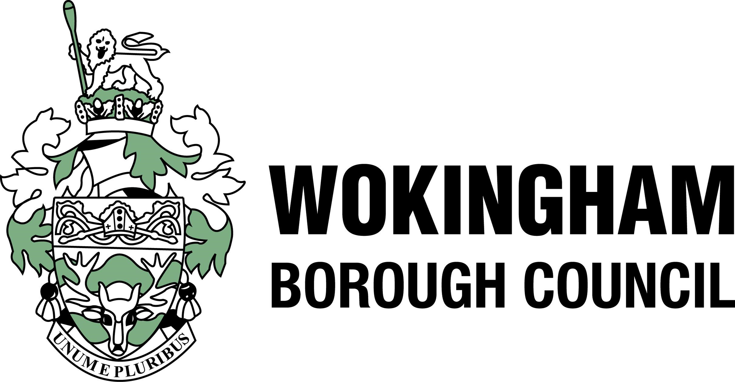 The logo of Wokingham Borough Council featuring a heraldic shield with a lion, floral elements, a banner with the Latin phrase 'Unum E Pluribus,' and the bold text 'Wokingham Borough Council' next to it.