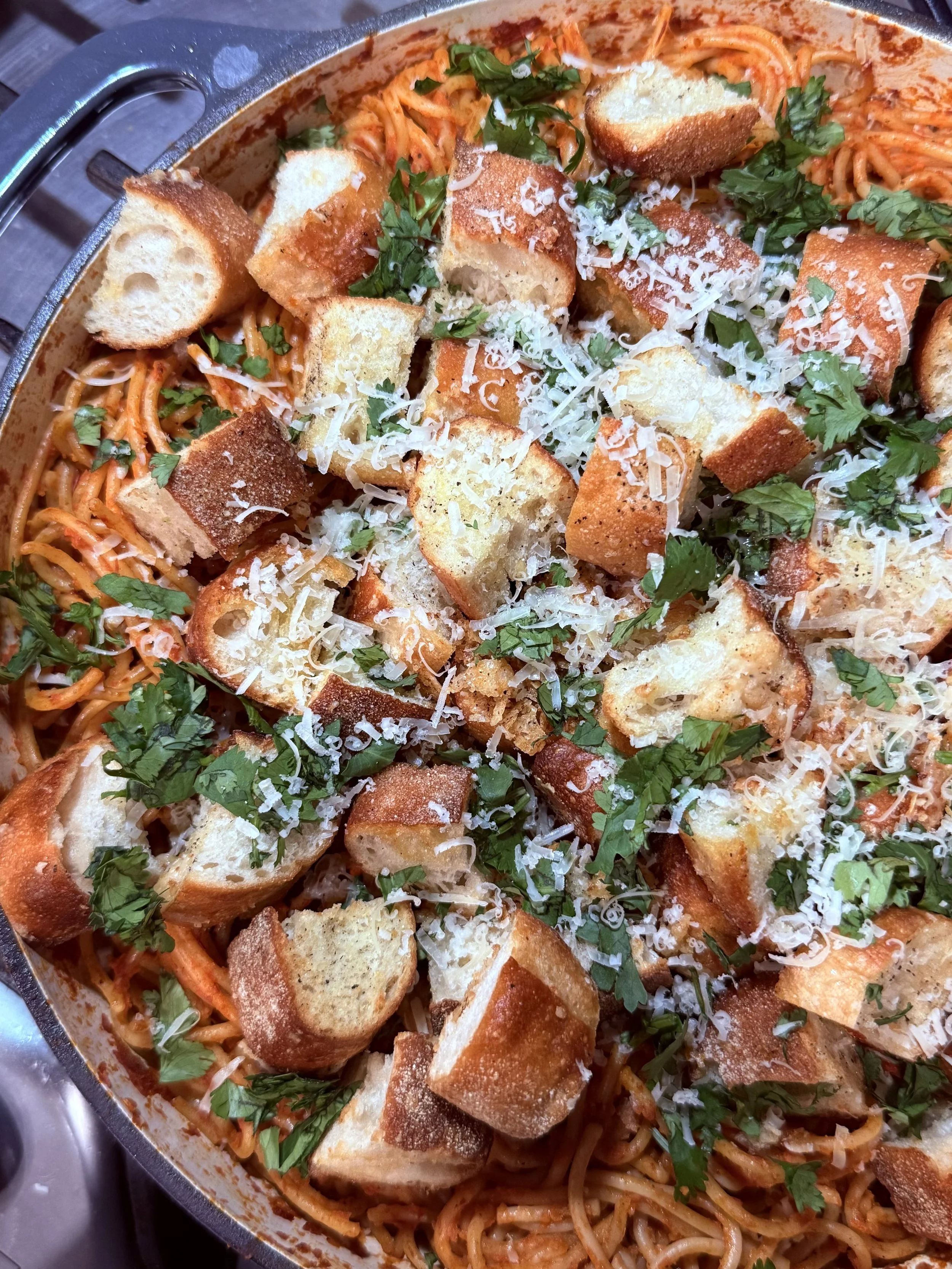 Chipotle Pasta with Cilantro Parmesan Croutons