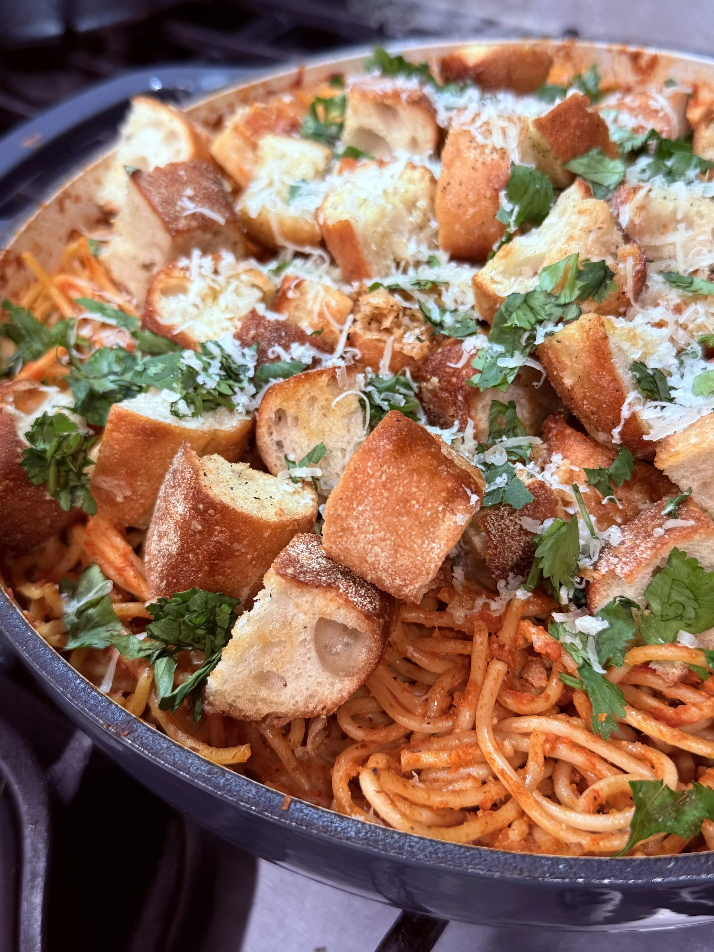 Creamy Chipotle Spaghetti with Cilantro Parmesan Croutons