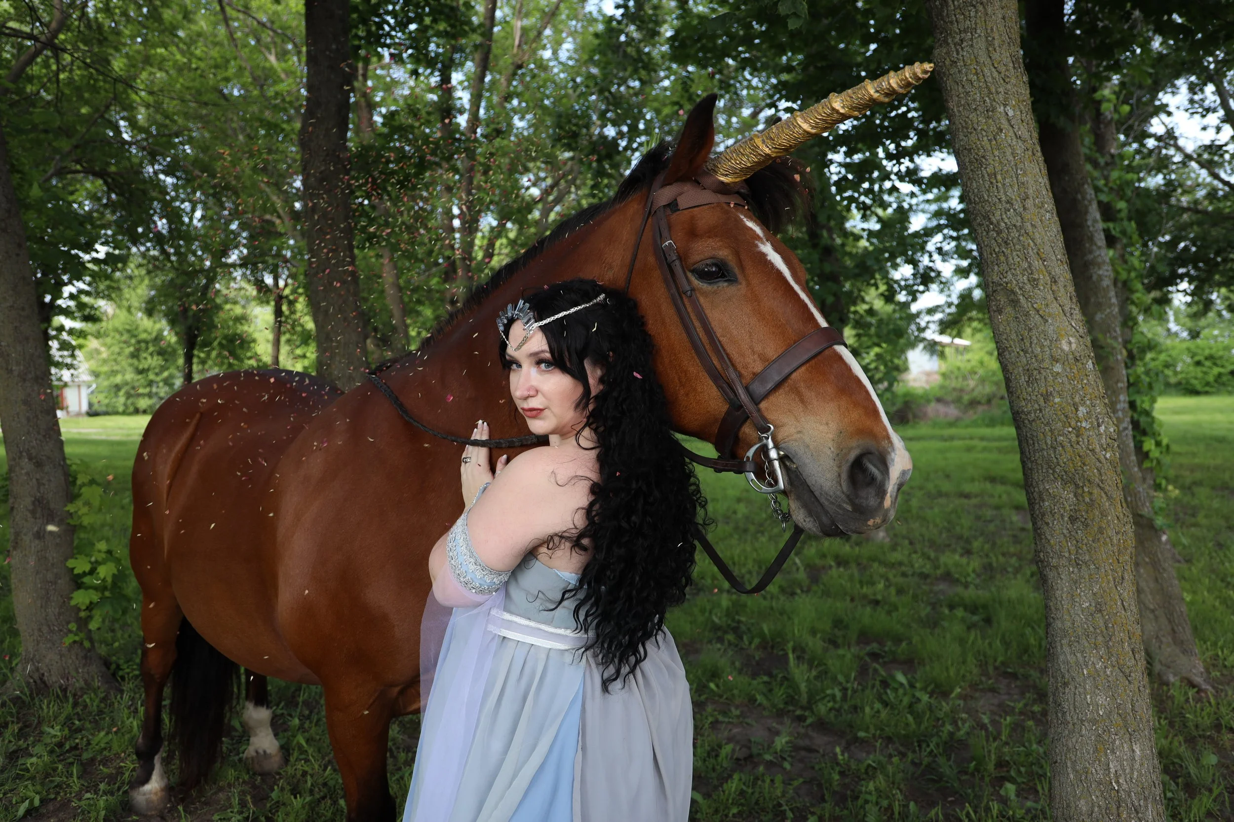 A woman dressed in a fantasy costume with a tiara and long black curly hair, hugging a large brown horse with a golden horn, standing among trees in a lush green setting.