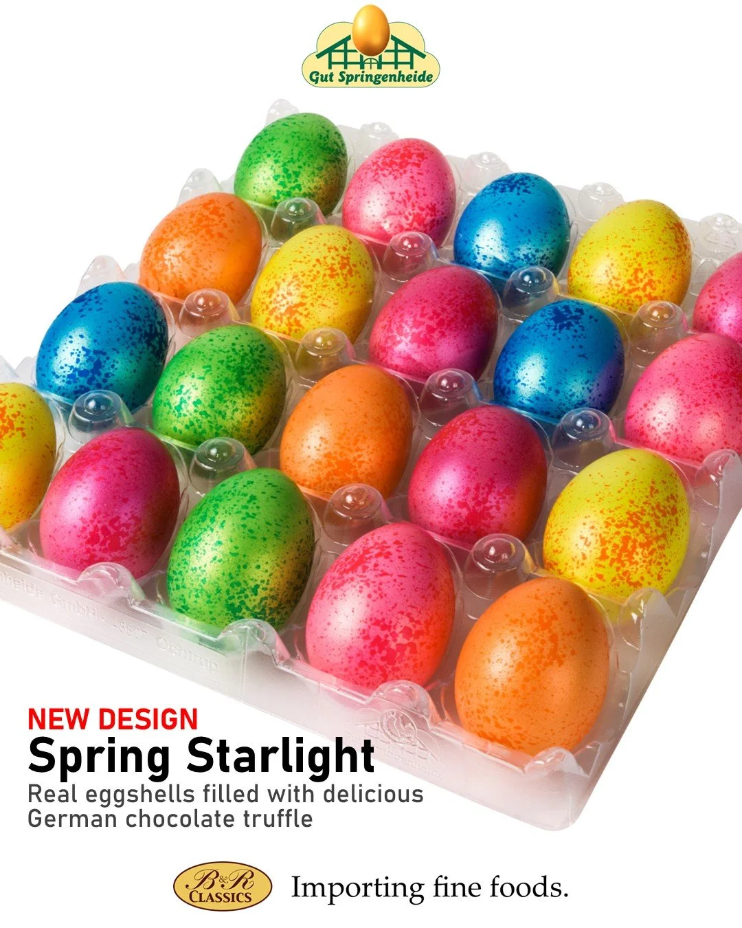 We are excited to announce that Gut Springenheide's impressive new "spring starlight" egg design is now available in 20-egg trays! Check out how they shine in the light.
Gut Springenheide's unique eggs are real eggshells filled with delici