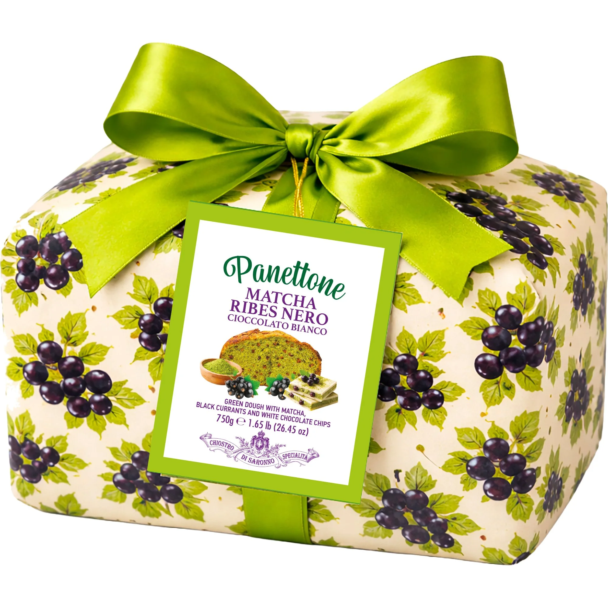 DPANEMARN750 Matcha Panettone Hand Wrapped (with Blackcurrant and White Chocolate) 750 g