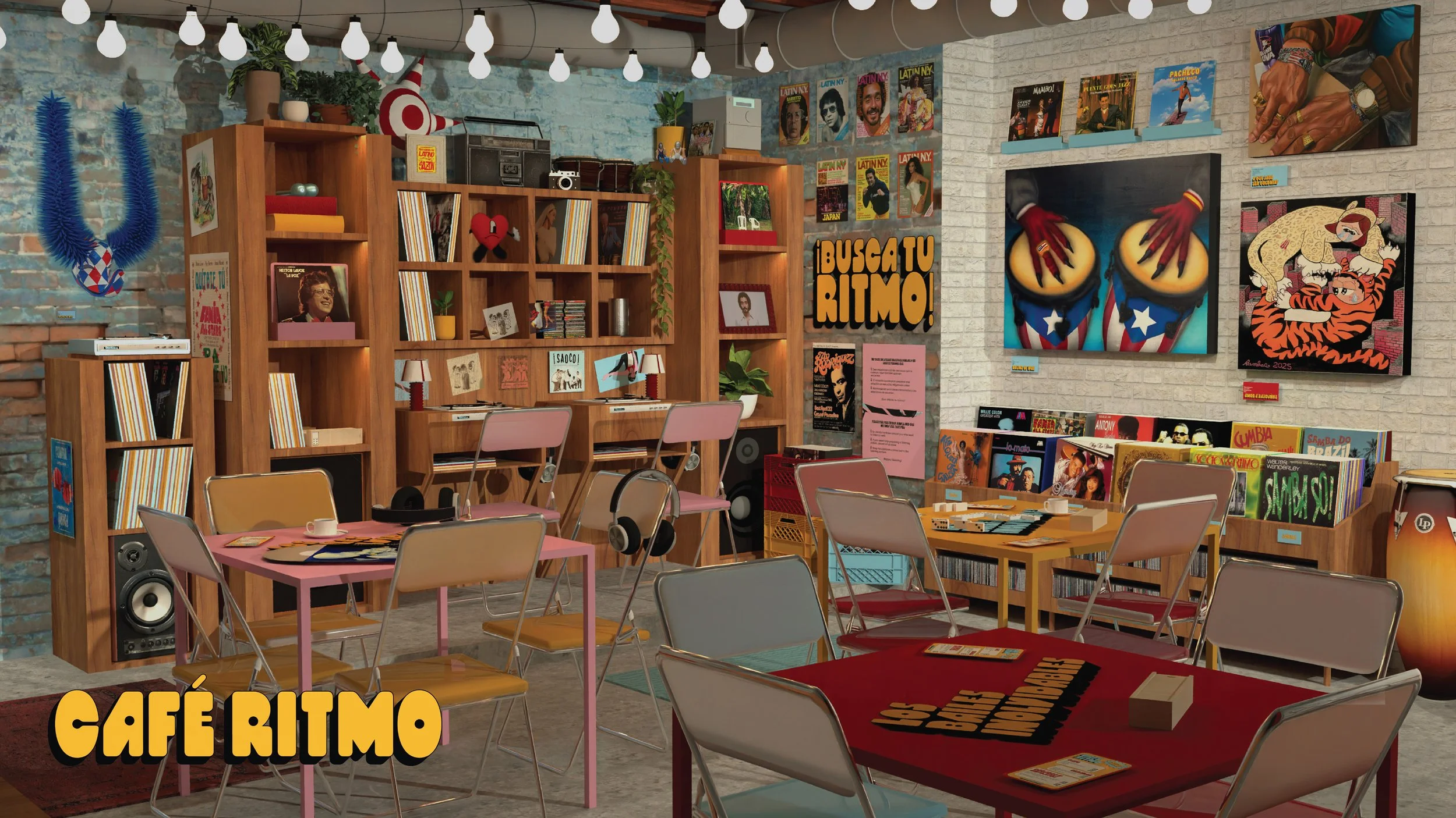 the experience begins in a CD and record store café designed as a space for collective nostalgia and cultural exchange within Latin and Hispanic culture. featuring curated Latin music, works by NYC-based Latin artists, listening stations, archival pr