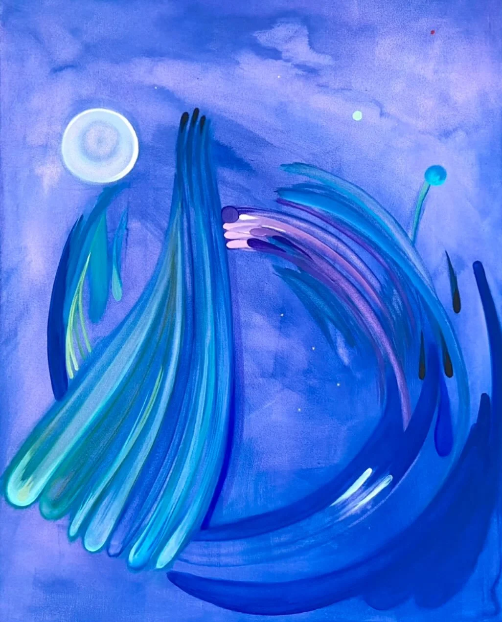 Good Night, acrylic and colored pencil on canvas, 30” x 24” 
This piece would be so perfect in a kid’s room to help them fall asleep 🌙 
or heck any space you wanna create a peaceful, nightime vibe! 💙
This sweet original paintin