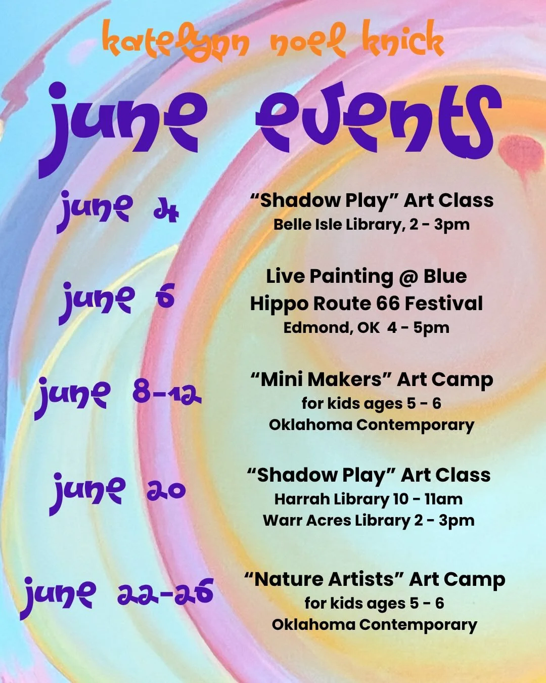 Hip hip, it&rsquo;s June baby! Here&rsquo;s a list of where you can find me this month:

I&rsquo;m happy to be teaching across the state this month including my art class &rdquo;Shadow Play&rdquo; inspired by Anthony McCall&rsquo;s exhibition Sold Li