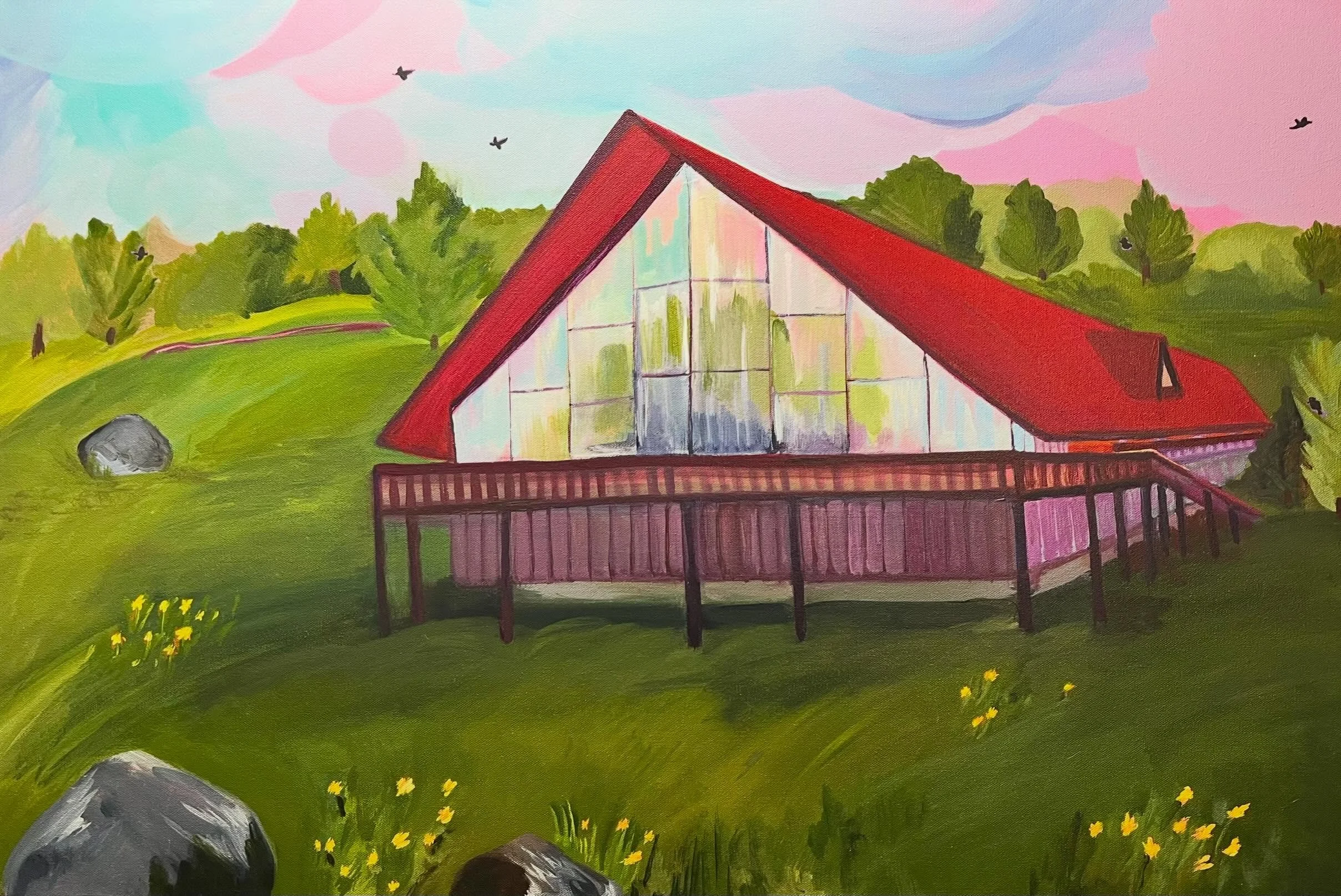 &ldquo;Camp Tall Chief Lodge&rdquo;, 24&rdquo; H x 36&rdquo; W, acrylic on canvas, 2026 

Last fall I reopened my commissions and immediately and magically, two beautiful requests came thru my form and one of them was from a fellow Girl Scout, camp f