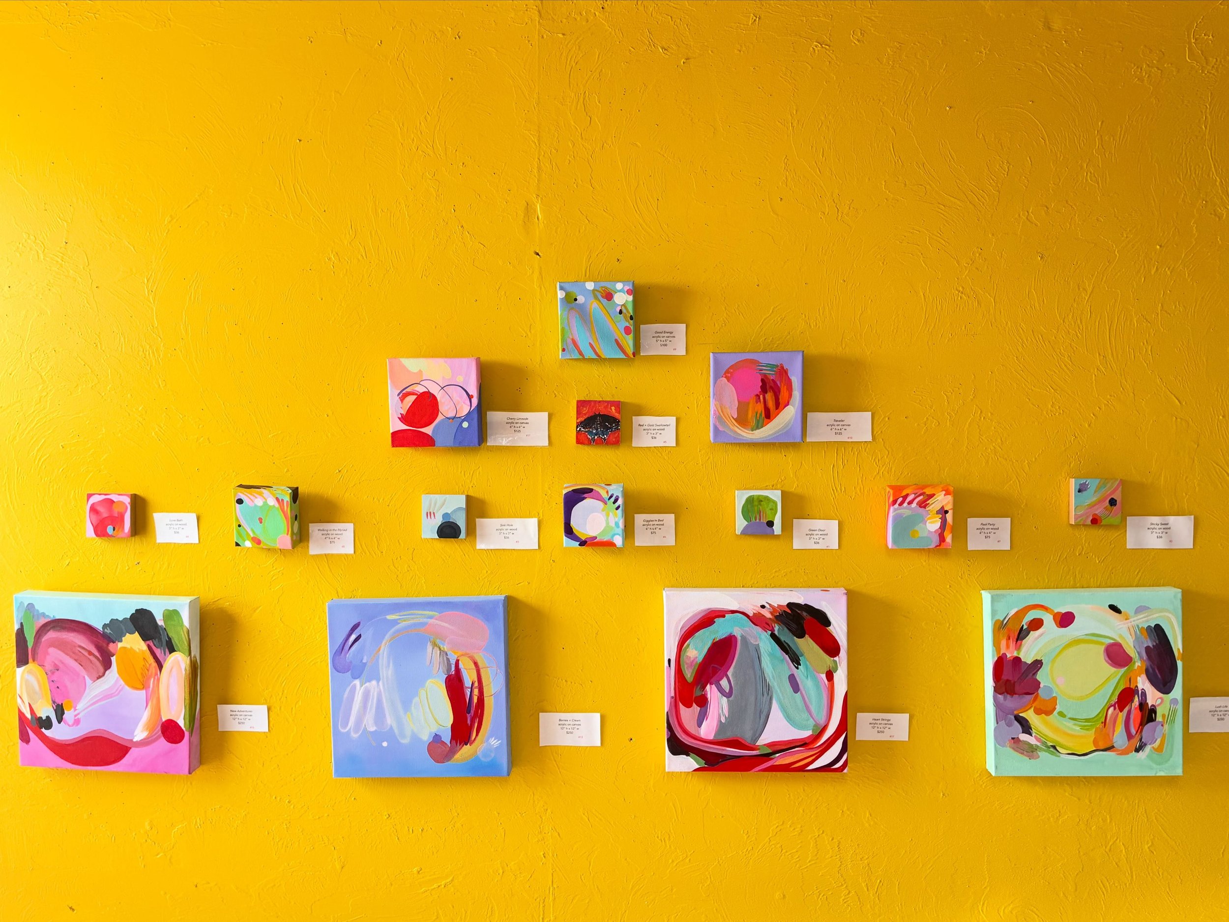 Little paintings by Katelynn Noel Knick hanging up on the Flora Bodega gallery wall 💛✨ 

All small originals are priced between $36-250 and available to take home and add to your own walls :) 

@flora_bodega @katelynnnknick