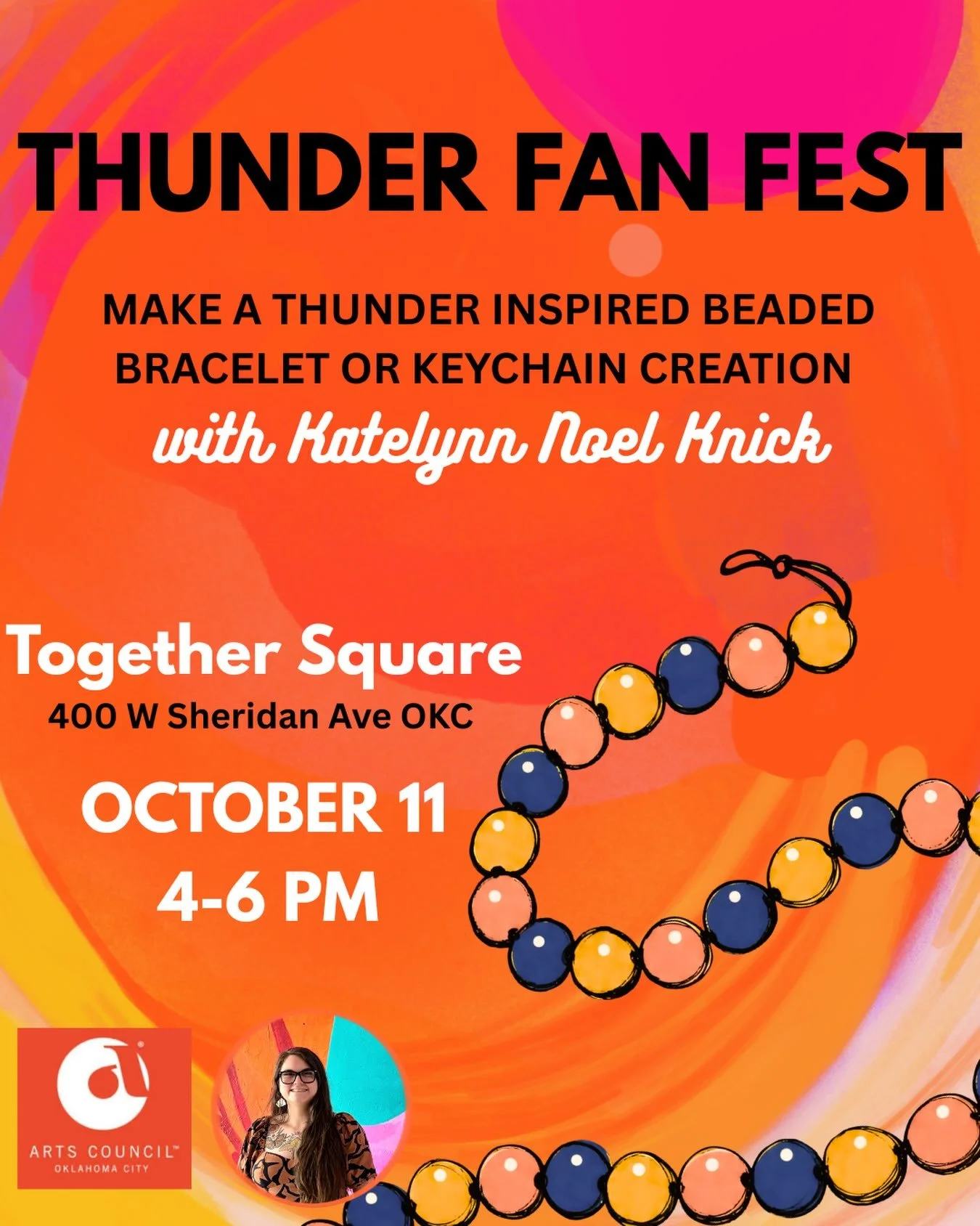 THUNDER FAN FEST⚡️🏀🧡

Find me leading the Bead Art Station in the Art Moves tent tomorrow October 11th from 4-6pm at the fest! @artscouncilokc 

I&rsquo;ll have all the fun Thunder colors and charms ready for you and your kids to come make a beaded