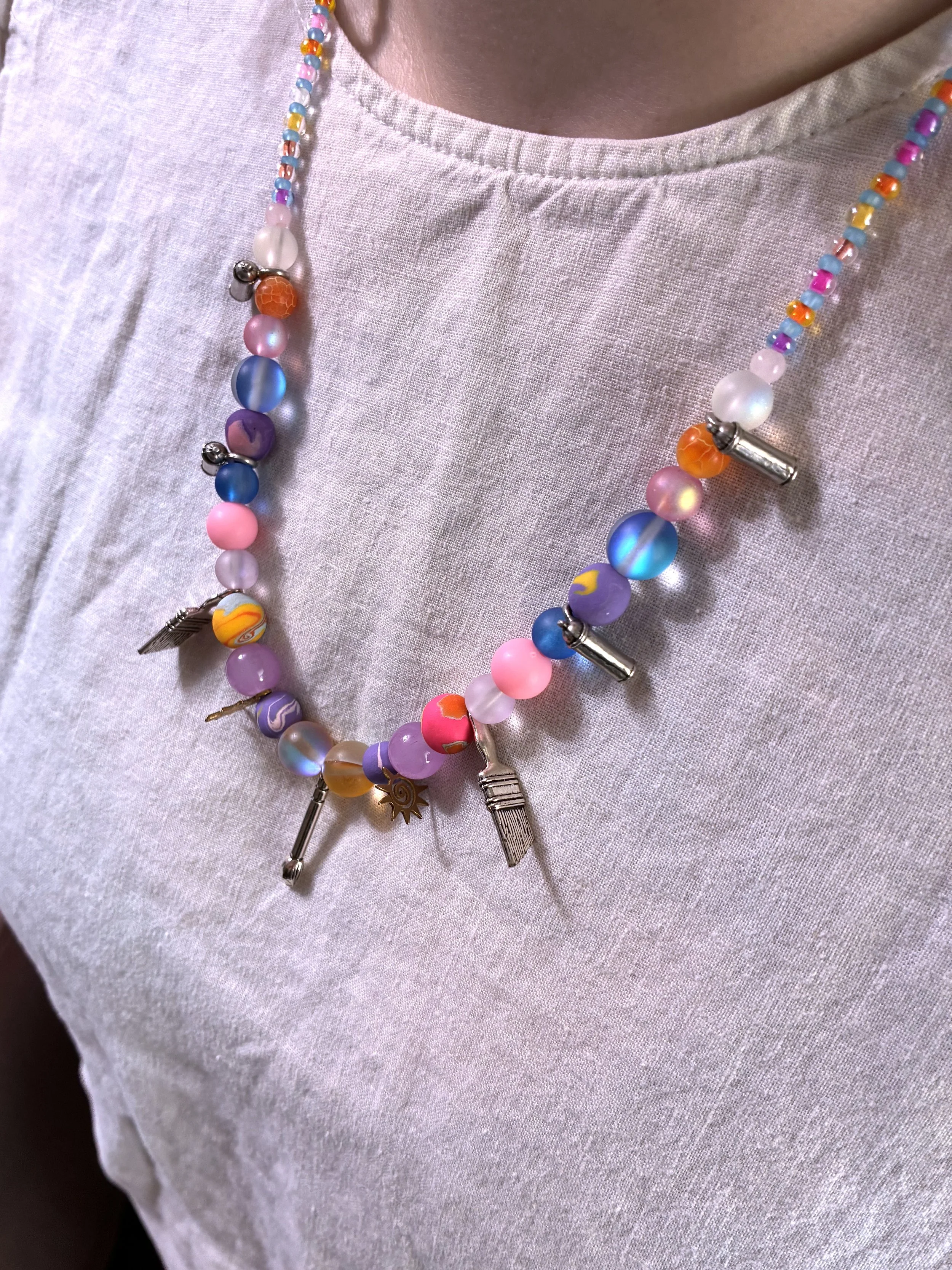 Art Girl Charm Necklace - Blue and Rainbow