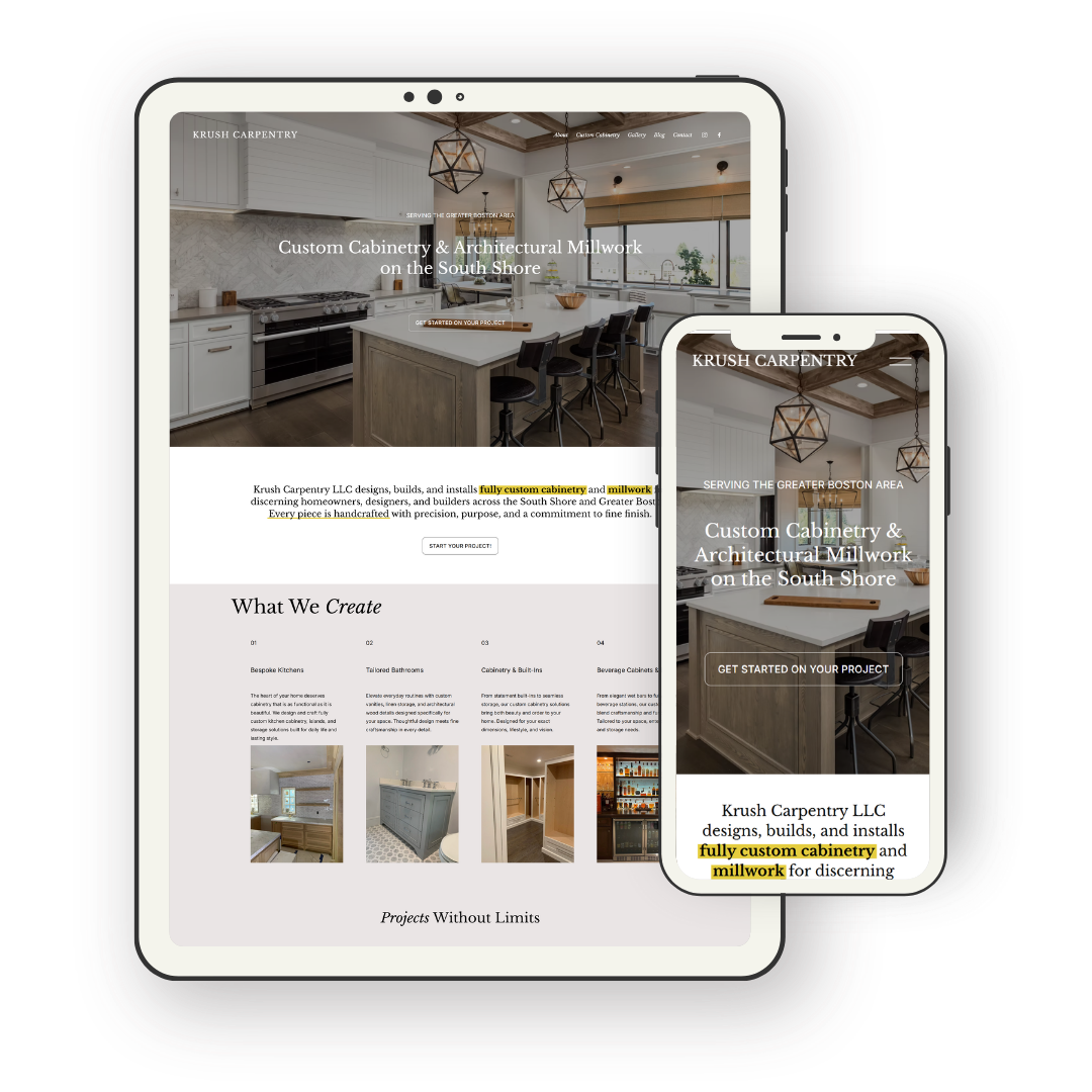 Screenshot of a website shown on a tablet and a smartphone, featuring custom cabinetry and architectural millwork with images of modern kitchens.