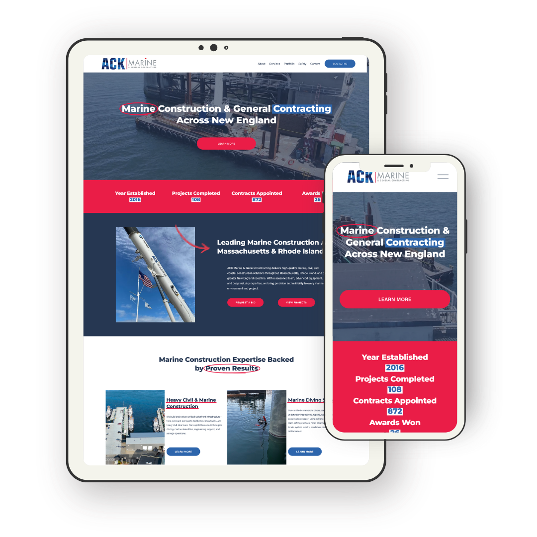 A website homepage for ACK Marine & General Contracting, showing a large ship or platform in the water at the top, with a navigation menu including About, Services, Portfolio, Safety, Careers, and a Connect button. Red and blue text highlights the co