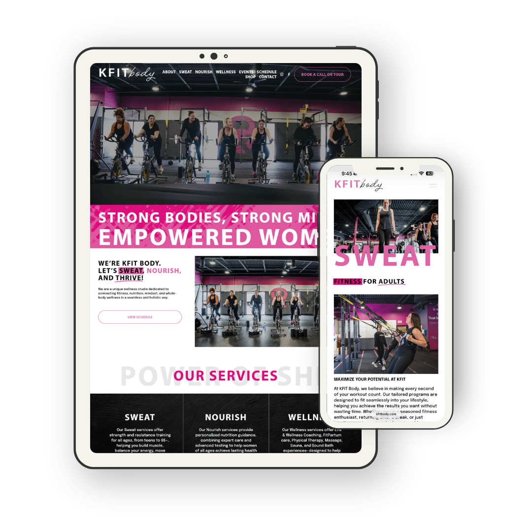 Screenshots of a fitness studio's website and mobile app featuring images of people exercising on indoor bikes and gym equipment, with prominent text about strength, empowerment, and fitness services.